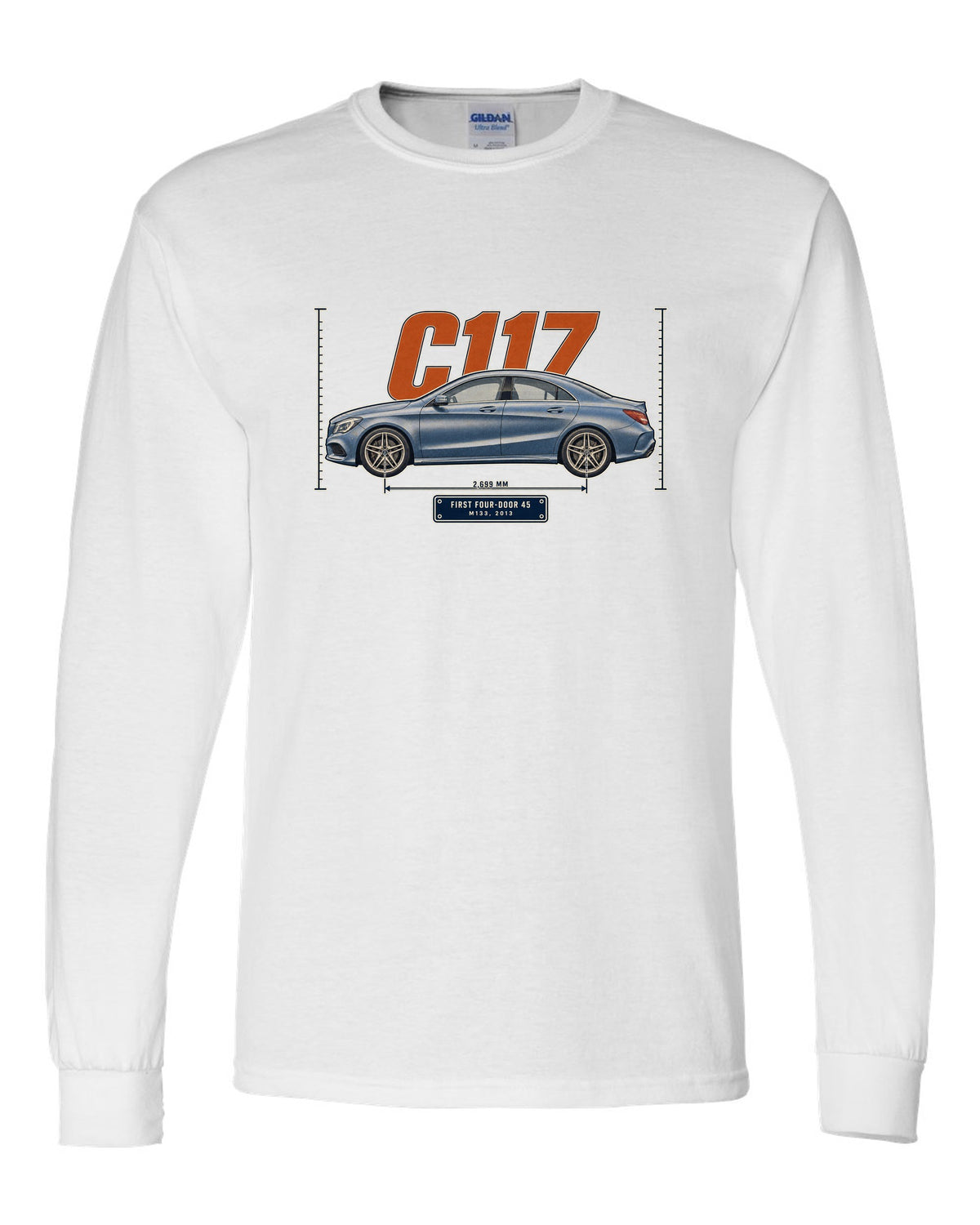 Mercedes-AMG CLA 45 C117 sedan halftone print white long sleeve front view with the design