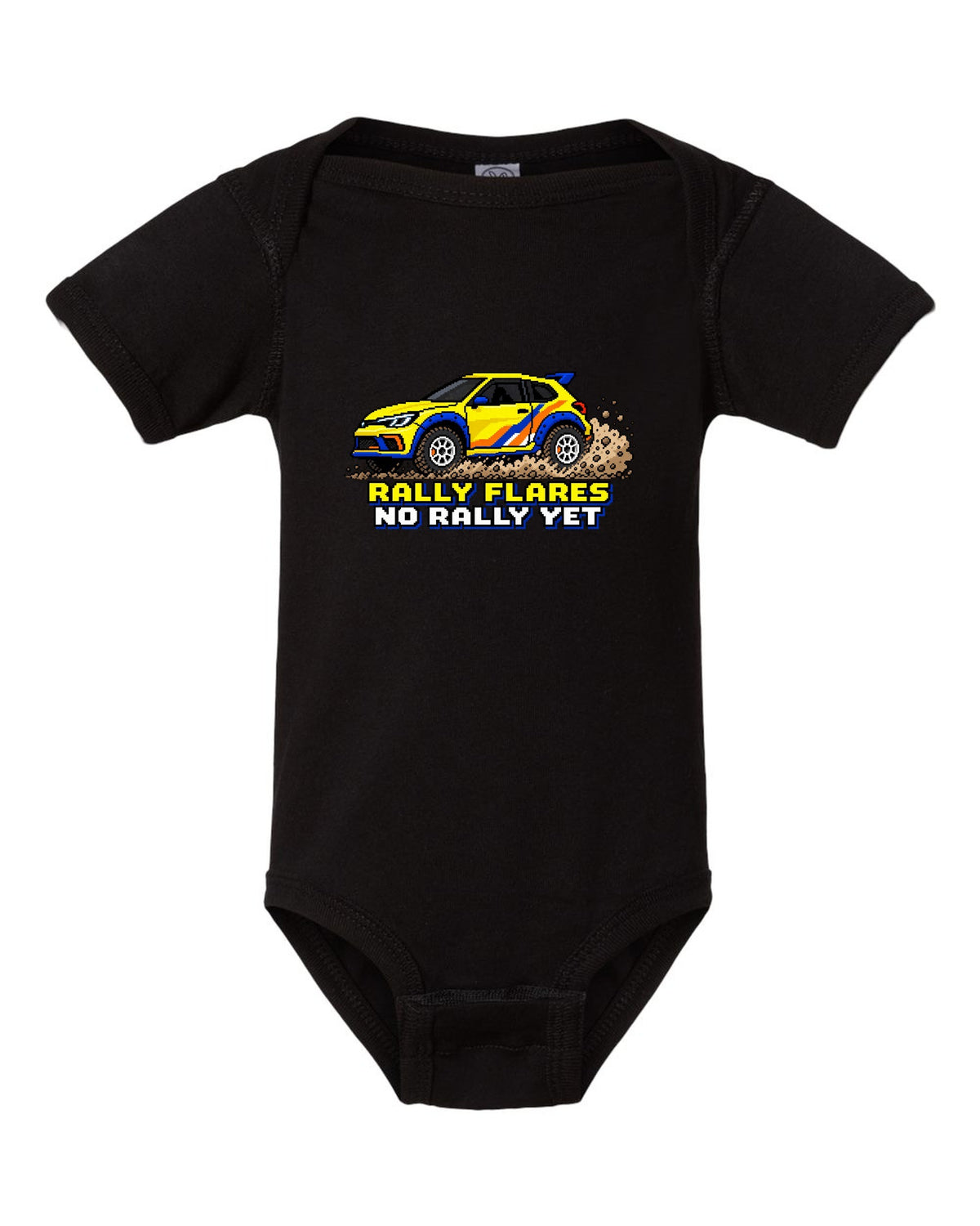 Rivian R3X 16-bit pixel art gravel slide print with the text rally flares no rally yet black baby onesie front view with the design