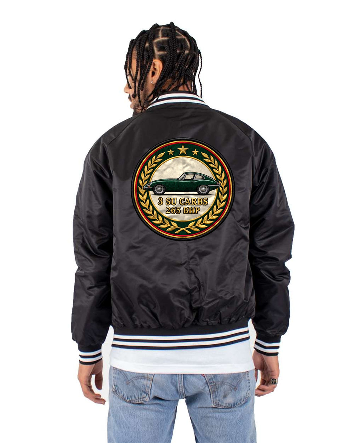 Jaguar E-Type Series 1 Triple SU Carbs Varsity Tee Bomber Jacket Black back