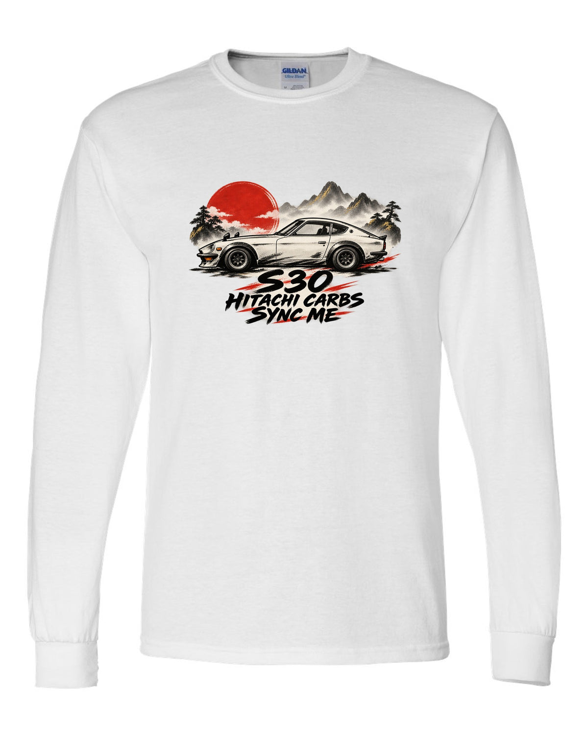 Sumi-e ink wash profile of a 1972 Datsun 240Z S30 with red accents white long sleeve front view with the design