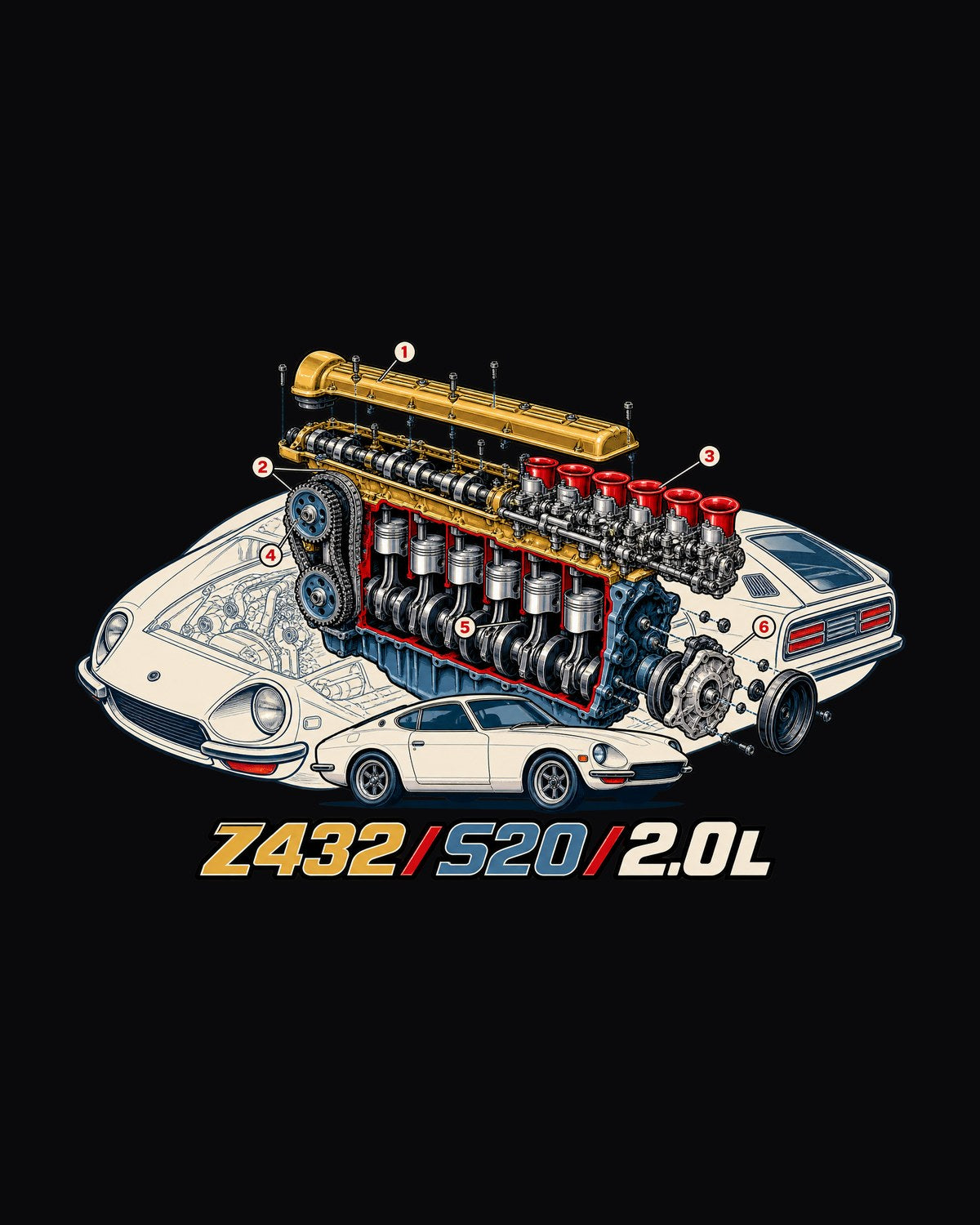 Z432 Exploded S20 Engine Cutaway Tee, Datsun S30 Print design only