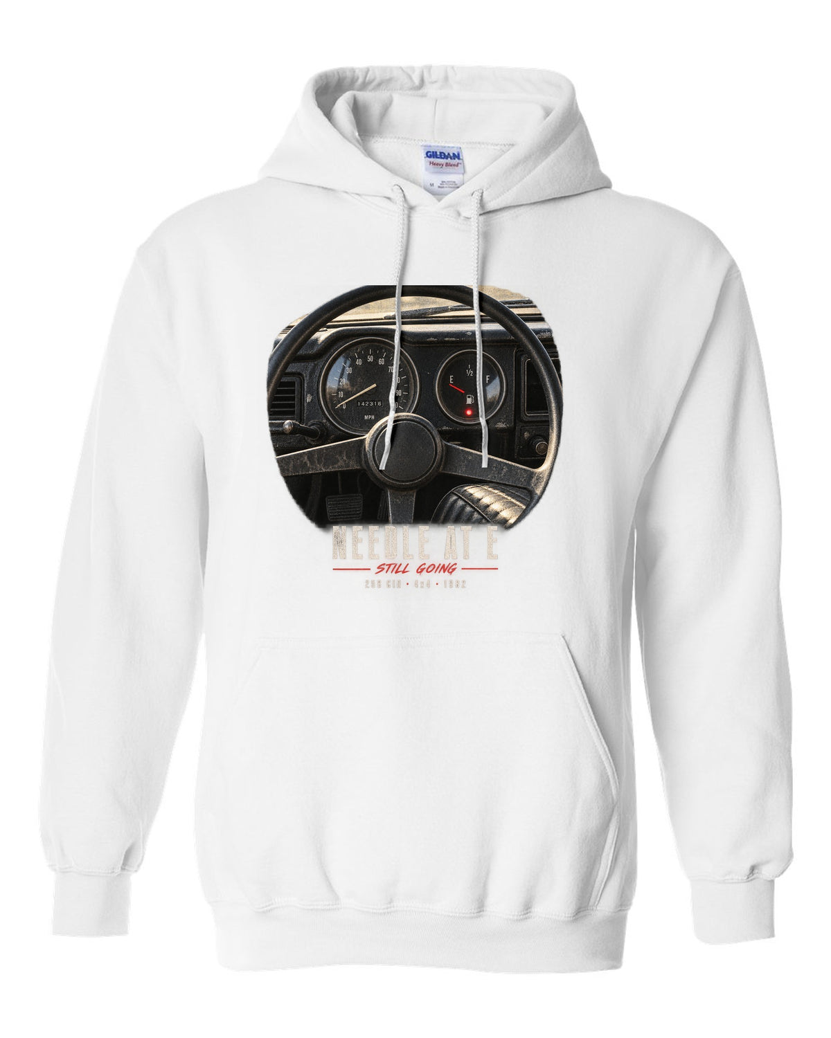 Gauge cockpit print for the Jeep CJ-7, Needle At E Still Going white pull over hoodie front view with the design
