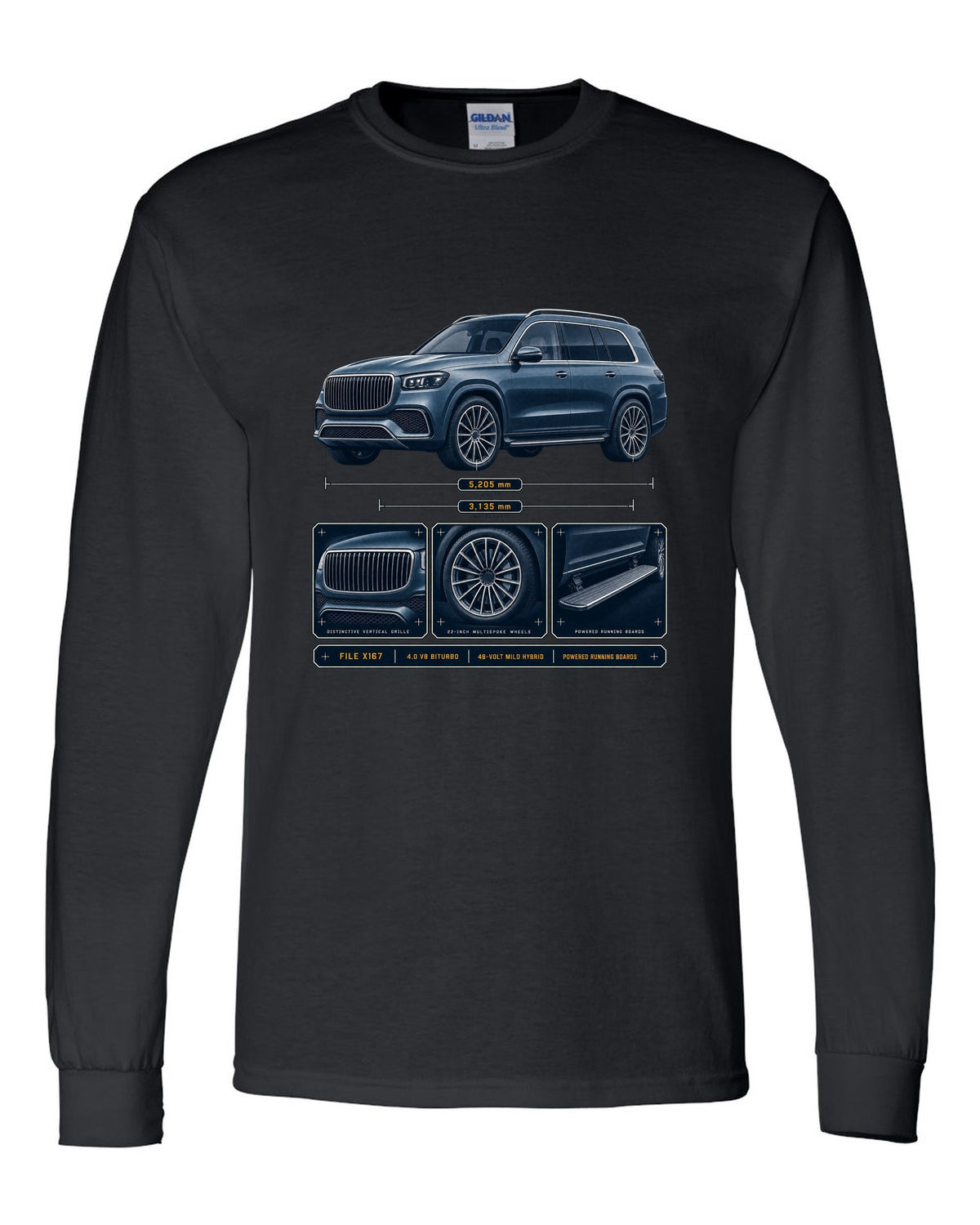 print dossier panels of a Mercedes-Maybach GLS 600 X167 in blue-grey black long sleeve front view with the design