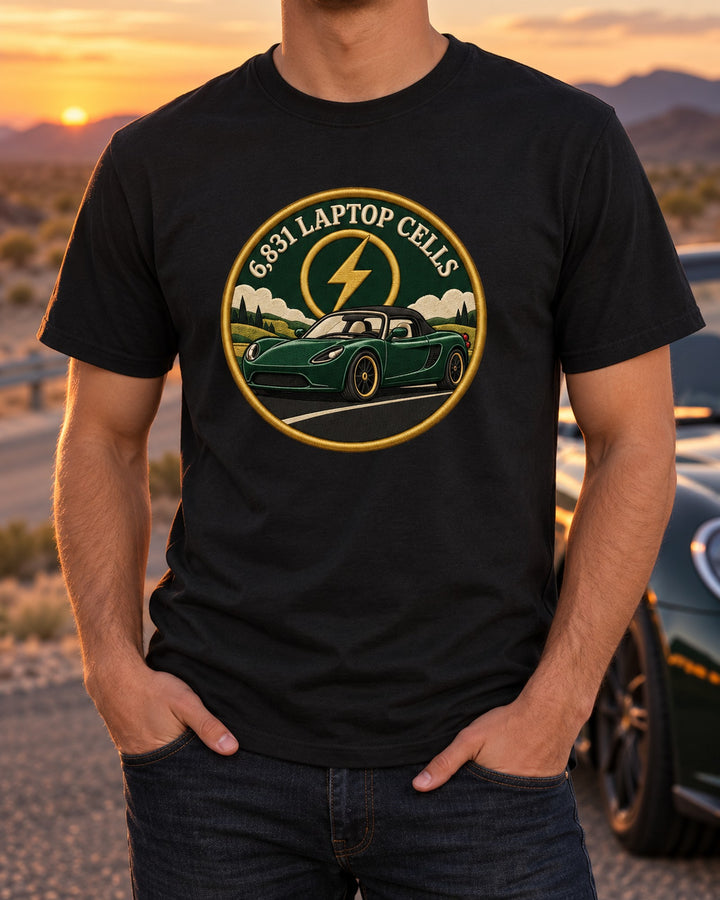 Laptop Cell Crest Tee, Tesla Roadster 2008 Round Crest Print T-Shirt Black worn hero