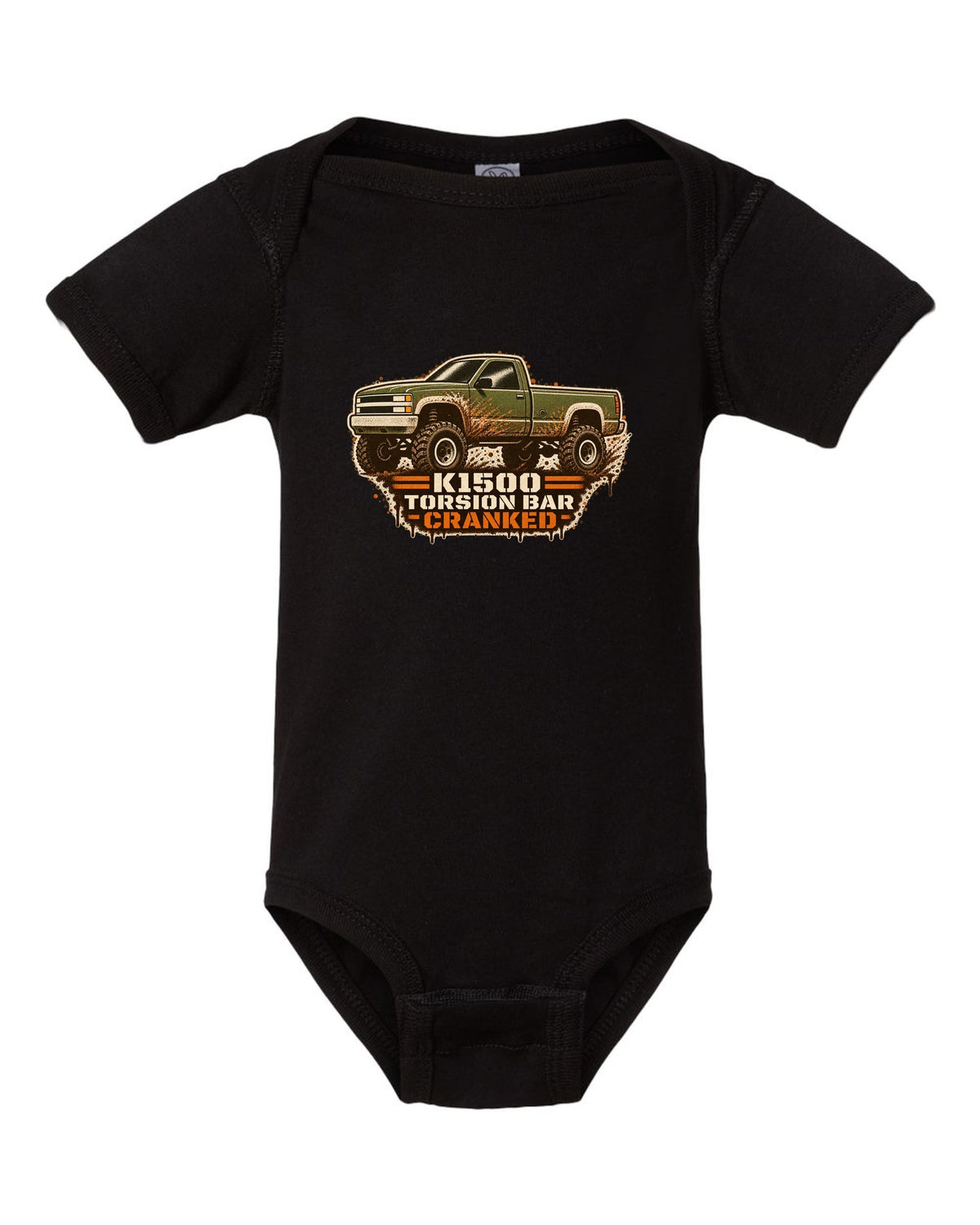 Stencil spray street-art print of a 1988-98 Chevrolet GMT400 K1500 Z71 OBS with torsion bar text black baby onesie front view with the design