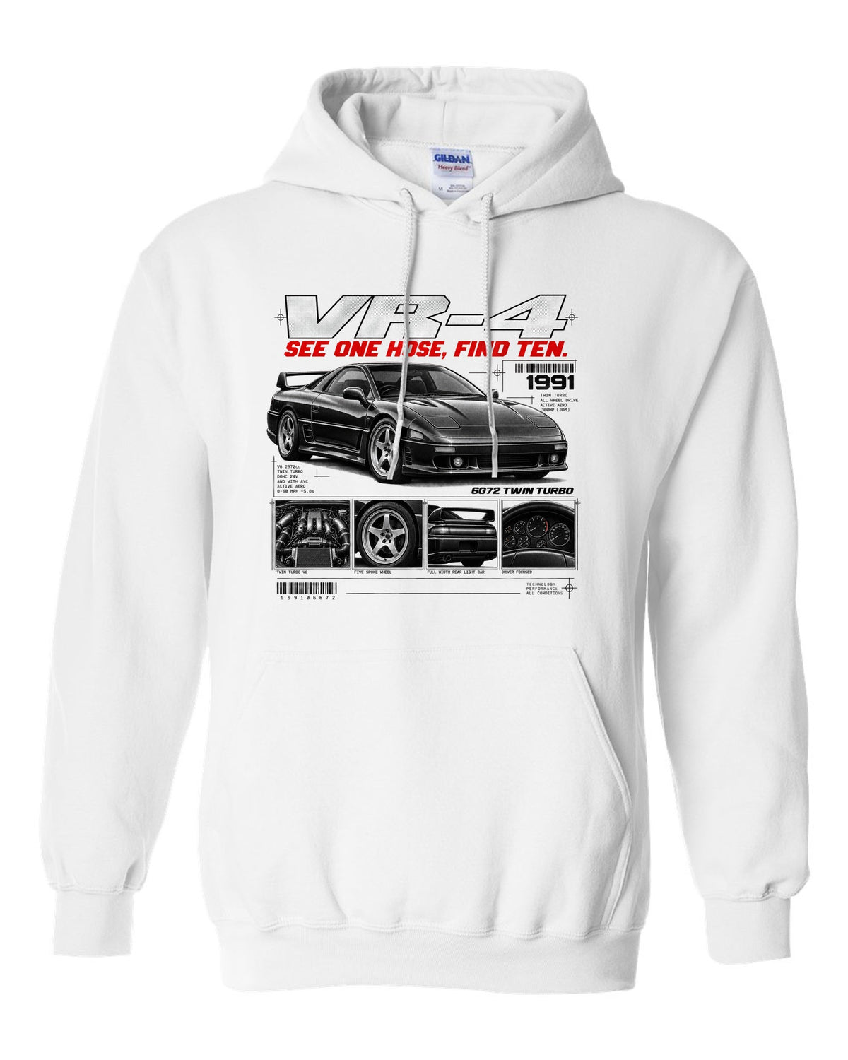 Mitsubishi 3000GT VR-4 Z16A dossier panel print with 6G72 twin turbo text white pull over hoodie front view with the design