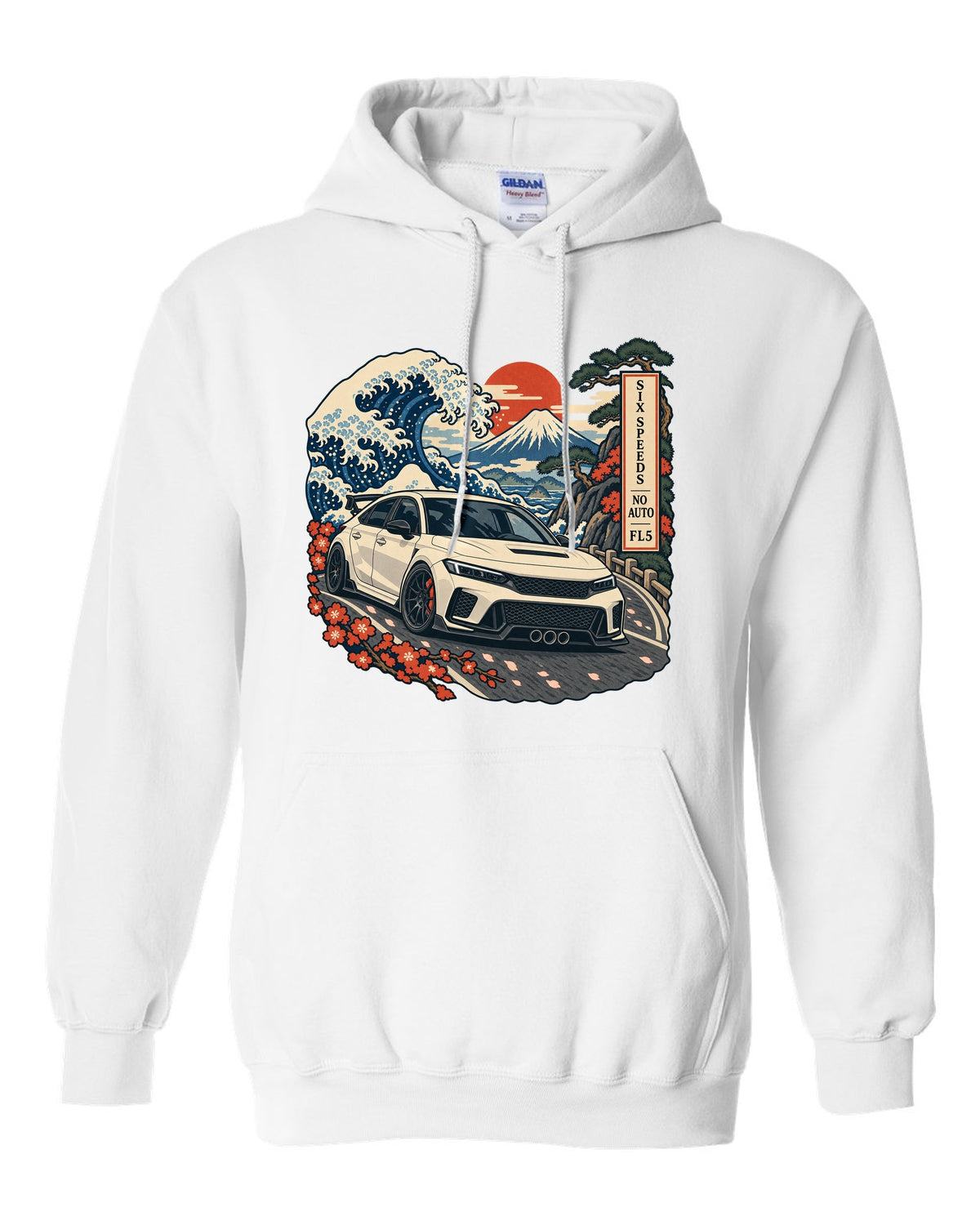 Ukiyo-e woodblock print of a 2023 Honda Civic Type R FL5 on a Fuji pass with six speeds no auto text white pull over hoodie front view with the design