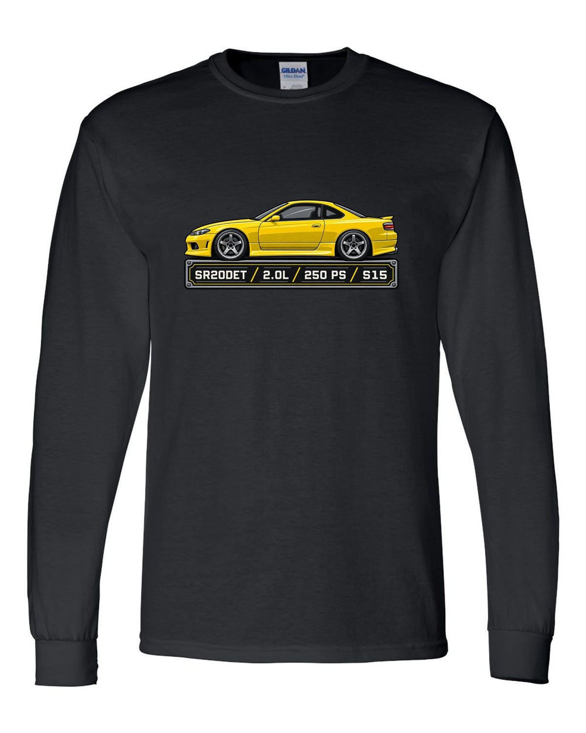 Spec-sheet data plate print for the Nissan Silvia S15 listing SR20DET 2.0L 250 PS black long sleeve front view with the design