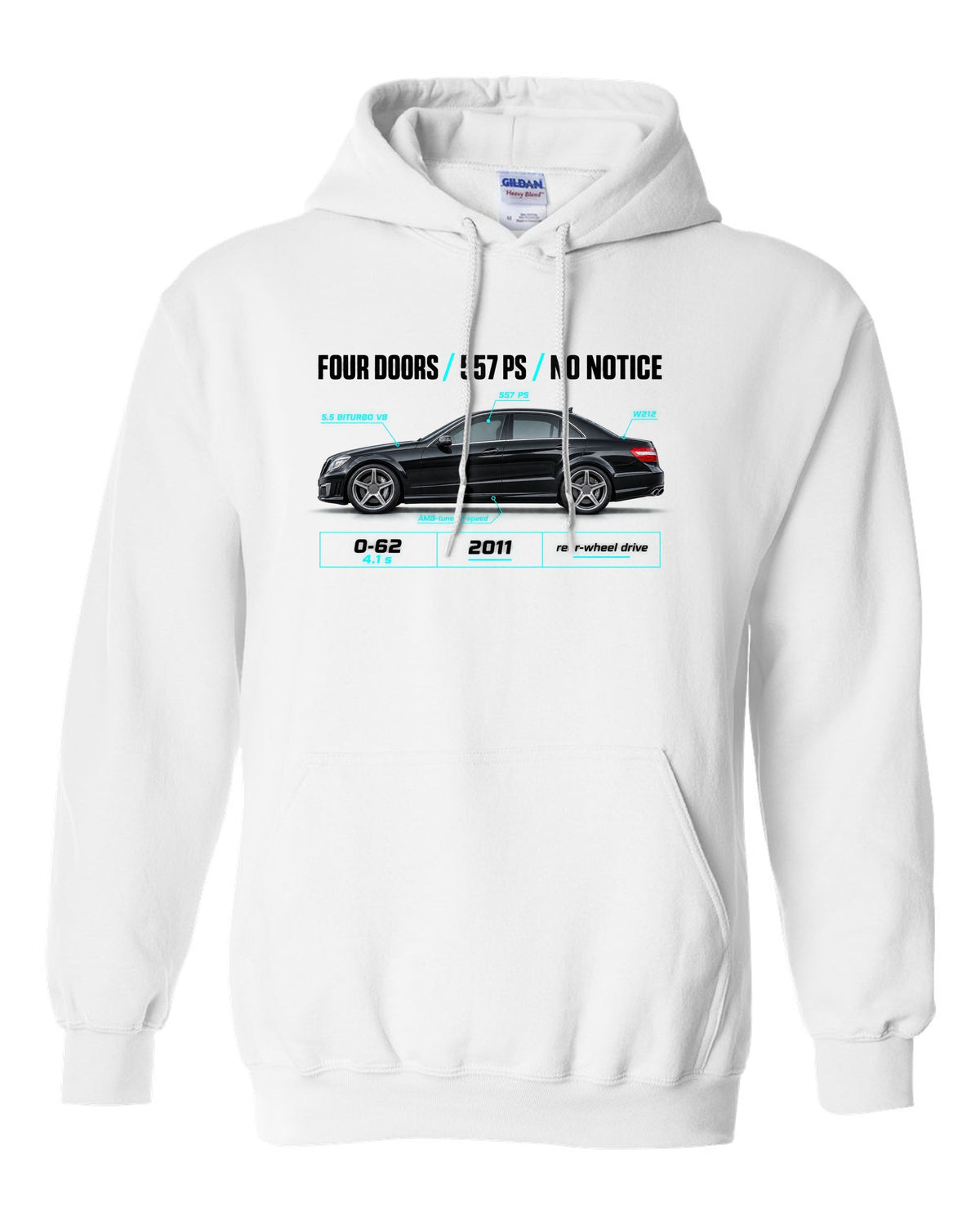 print spec poster of a 2011 Mercedes E63 AMG W212 sedan with text Four Doors 557 PS No Notice white pull over hoodie front view with the design