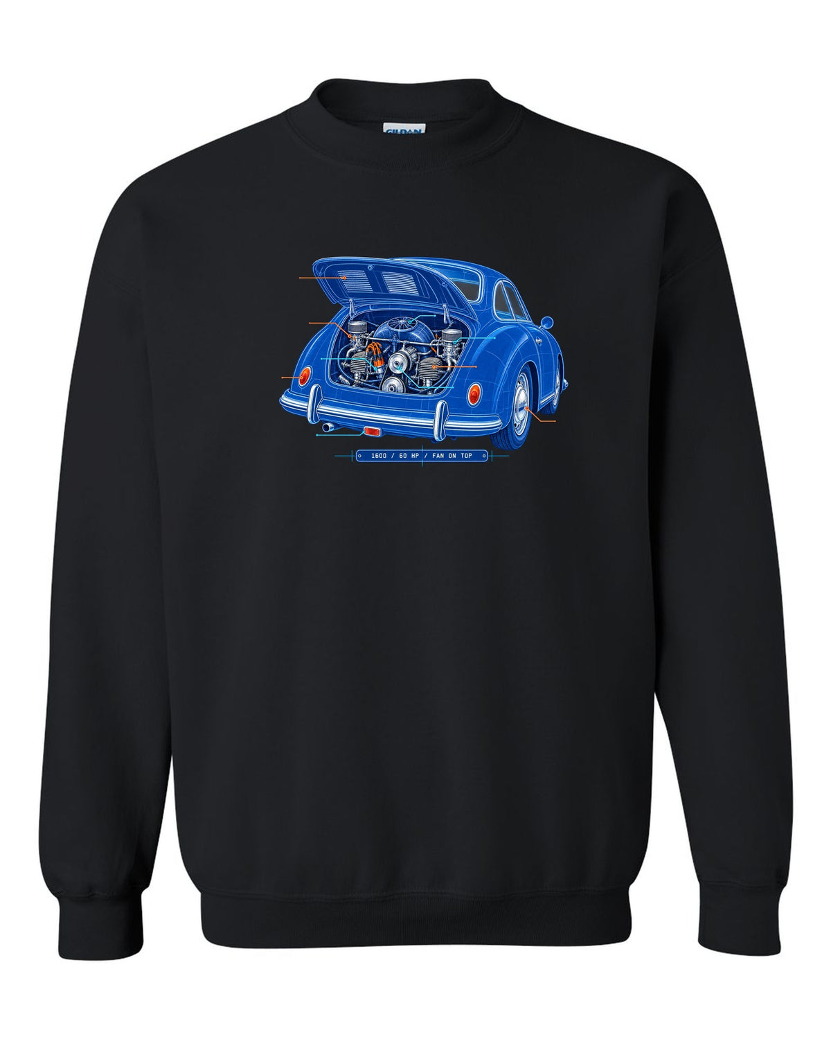 Linocut print of a 1978 Porsche 911 SC Targa in a night garage with the text SC Targa, 180 PS and 3.0 black crewneck front view with the design