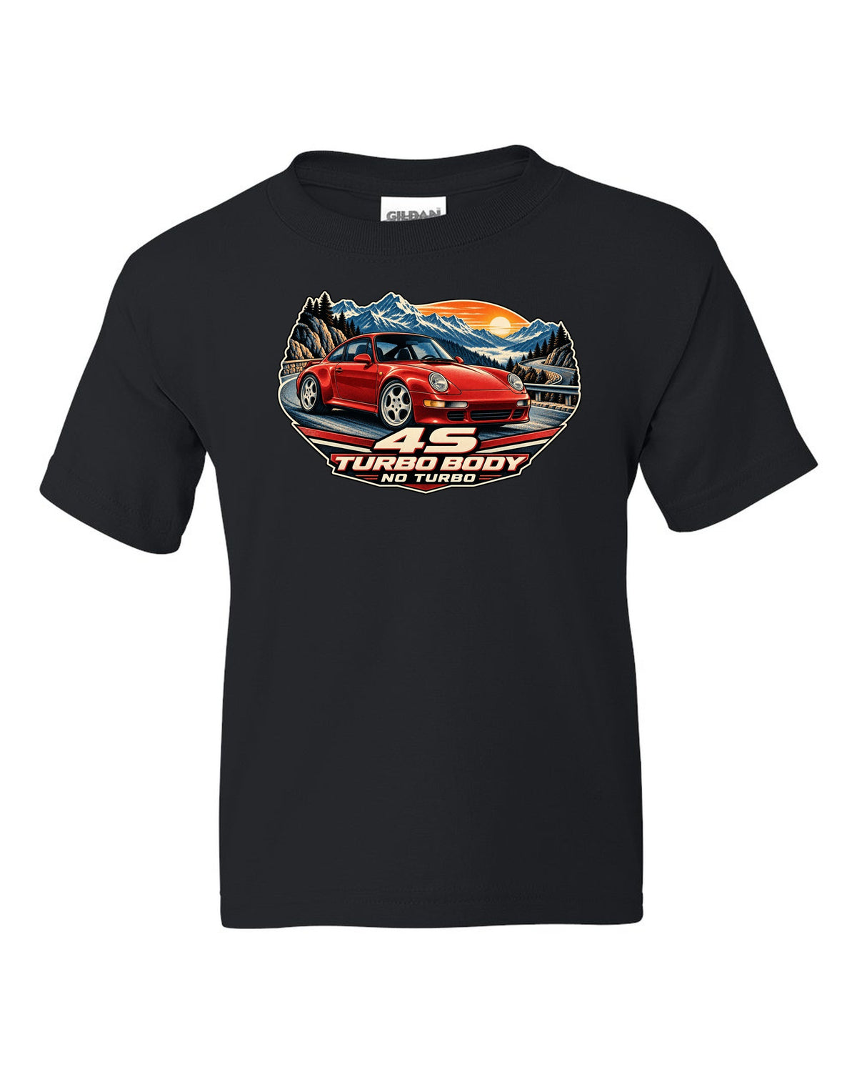 Shield crest print of a 1973 Porsche 911 Carrera RS 2.7 ducktail with the text RS 2.7, 210 PS and 975 KG black kids tee front view with the design