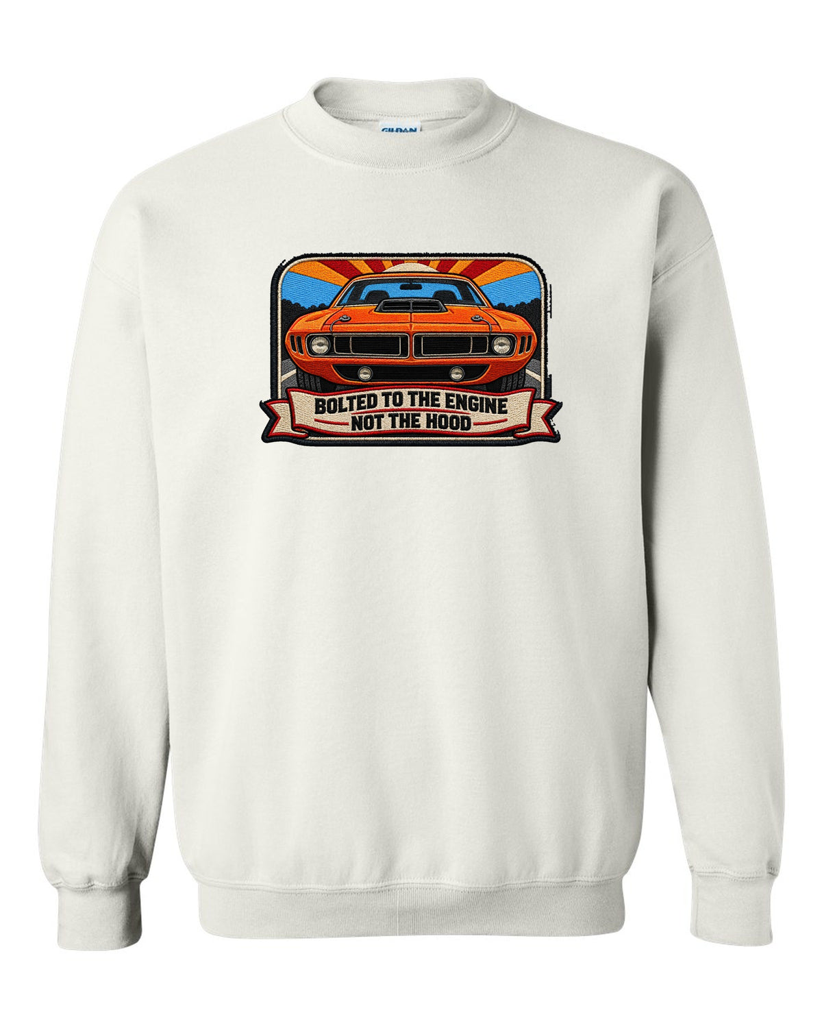 Embroidered mechanic patch style print of a 1970 Plymouth Hemi 'Cuda with shaker scoop text white crewneck front view with the design