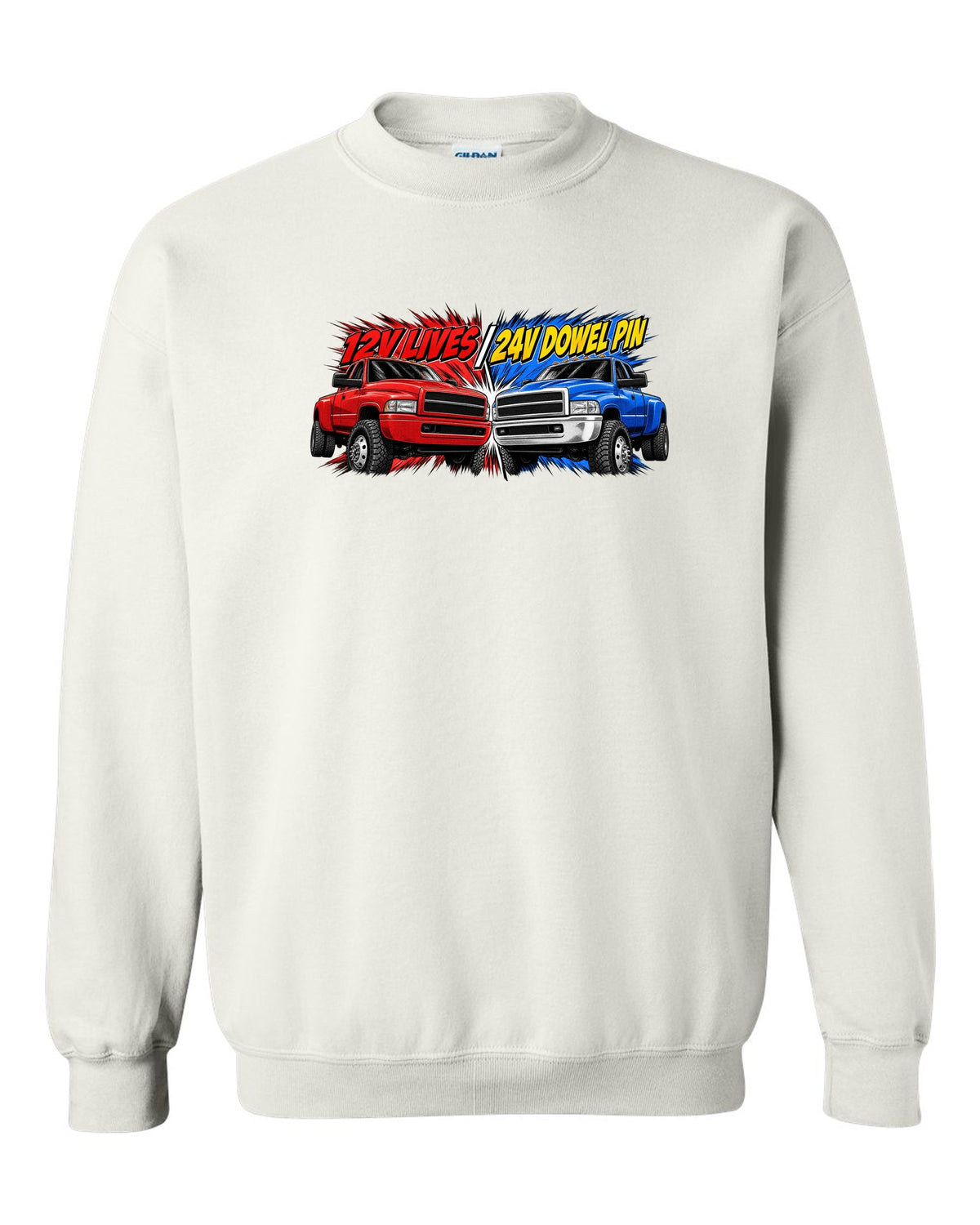 Retro manga halftone print of two Dodge Ram 2nd gen trucks with 12V lives and 24V dowel pin text white crewneck front view with the design