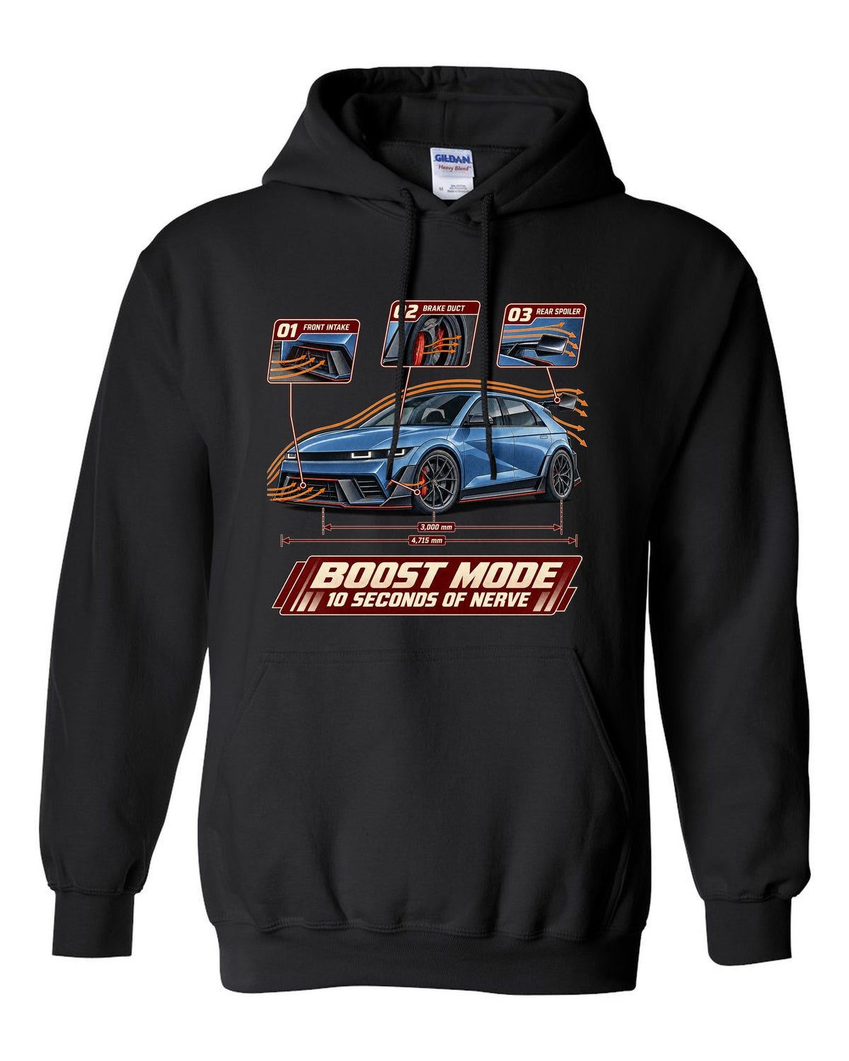 Hyundai Ioniq 5 N aero cutaway callouts print black pull over hoodie front view with the design