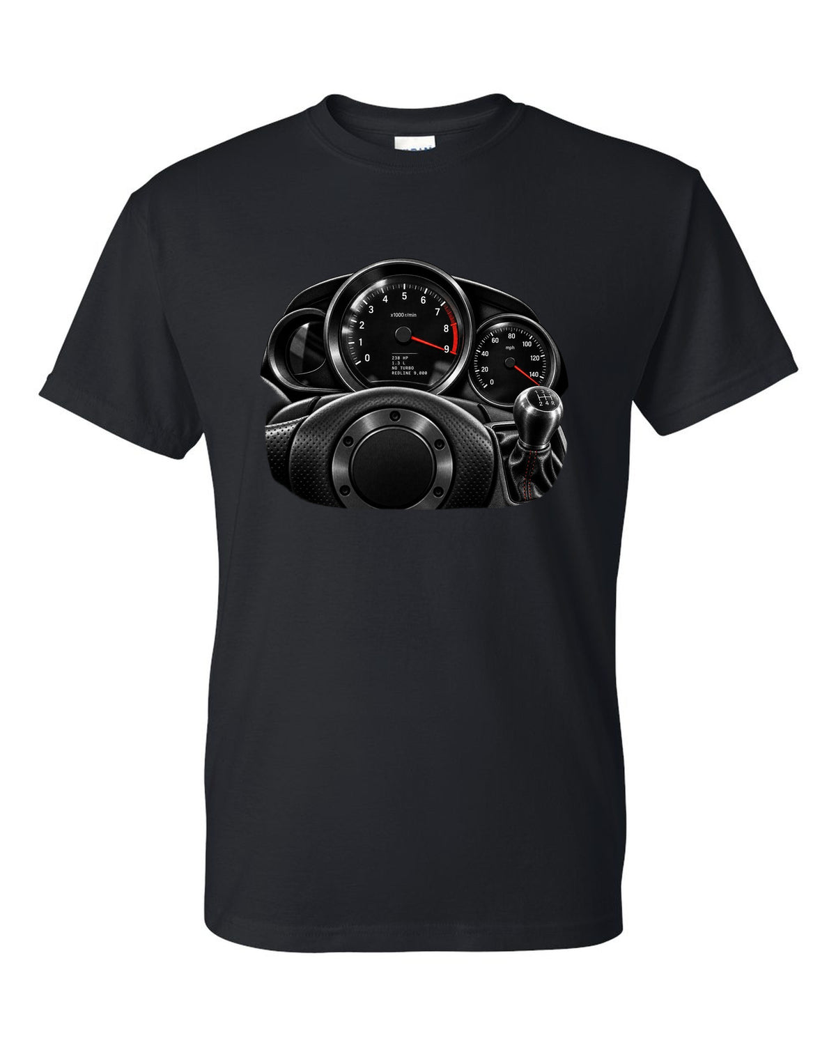 Gauge cluster print of a Mazda RX-8 SE3P with 9,000 redline lettering black t-shirt front view with the design