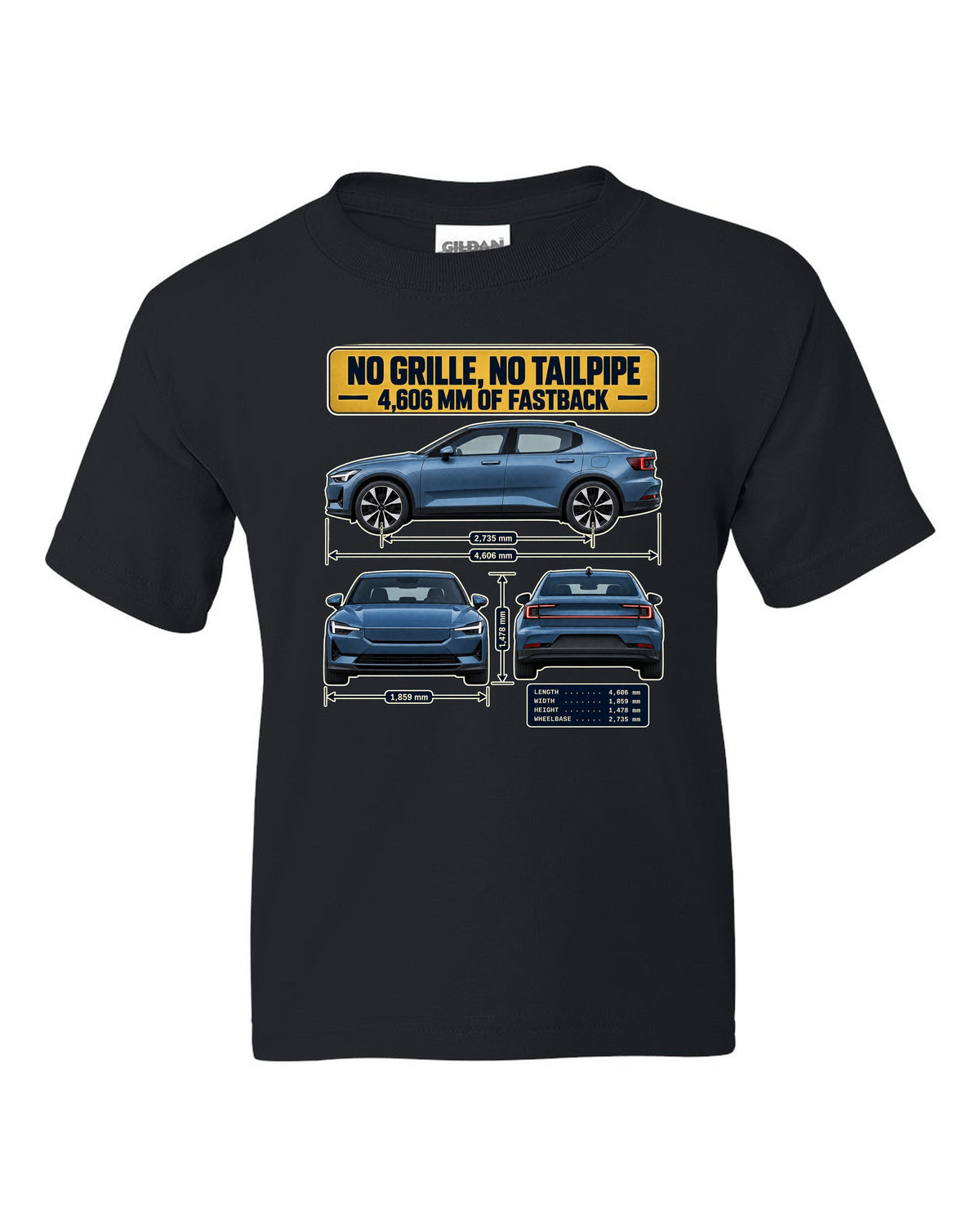 Three-view spec table print of a Polestar 2 fastback 2020-2023 black kids tee front view with the design
