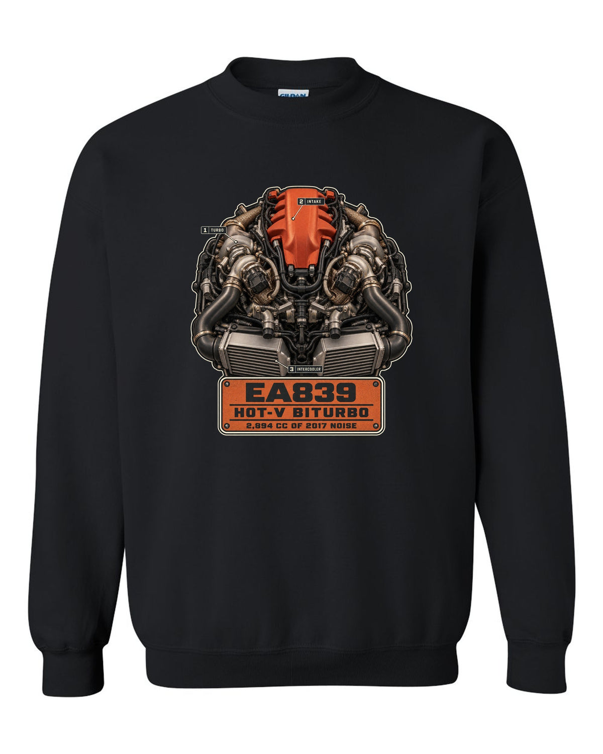 Engine hero poster of the Audi RS5 B9 EA839 hot-V biturbo black crewneck front view with the design