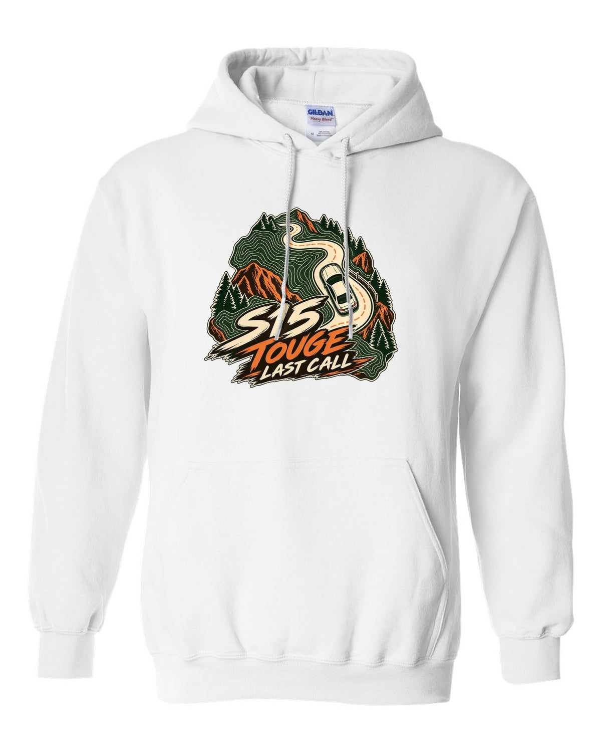 Topographic contour map line art of a mountain road with a Nissan Silvia S15 white pull over hoodie front view with the design