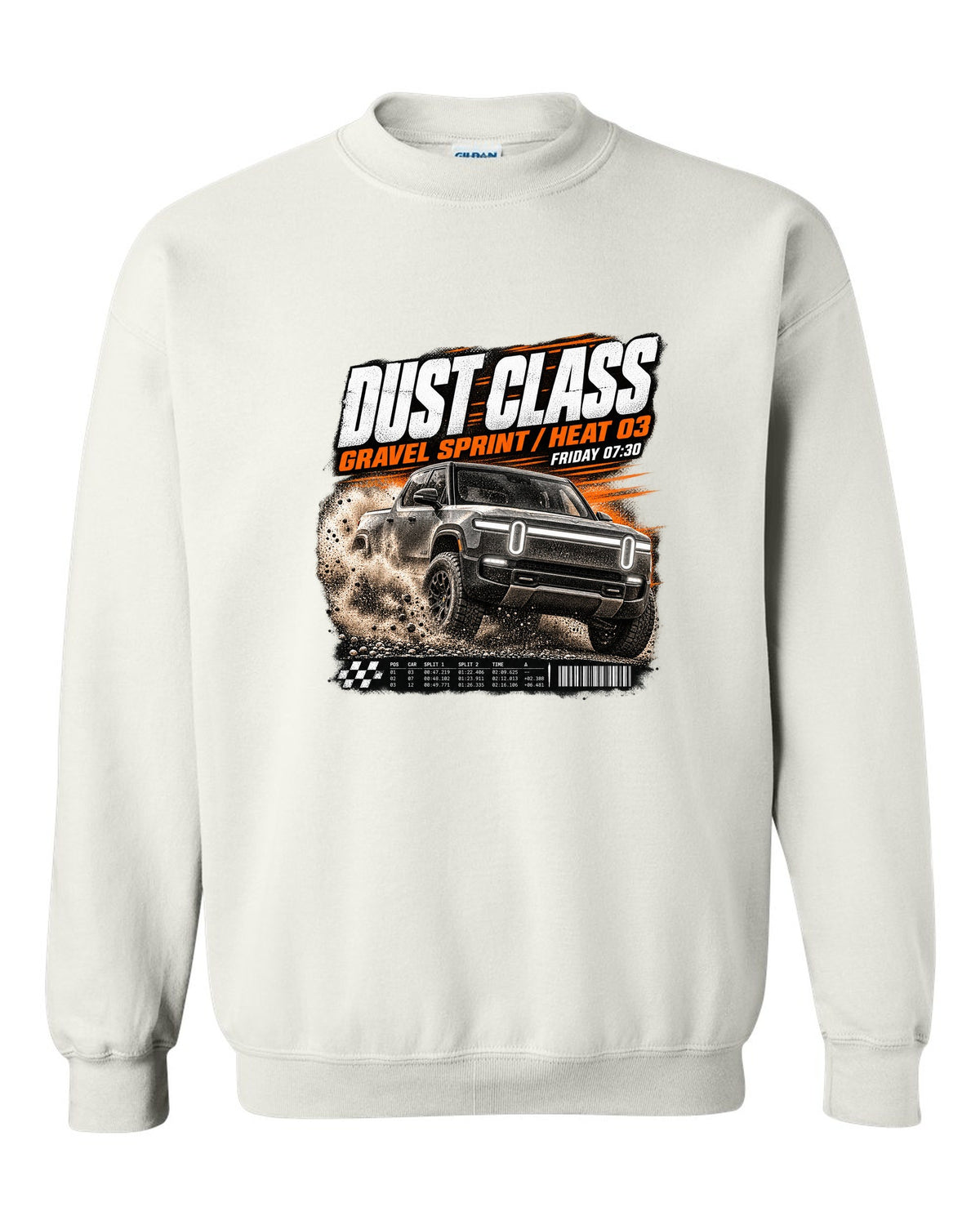 Rivian R1T Gen 2 2025 race poster reading Dust Class, gravel sprint, heat 03 white crewneck front view with the design