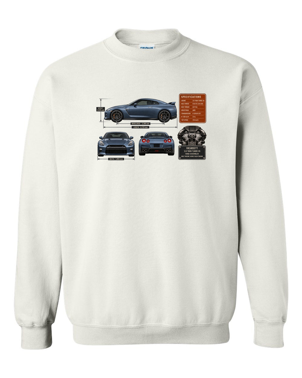 print dimension blueprint of a Nissan GT-R R35 in steel blue white crewneck front view with the design