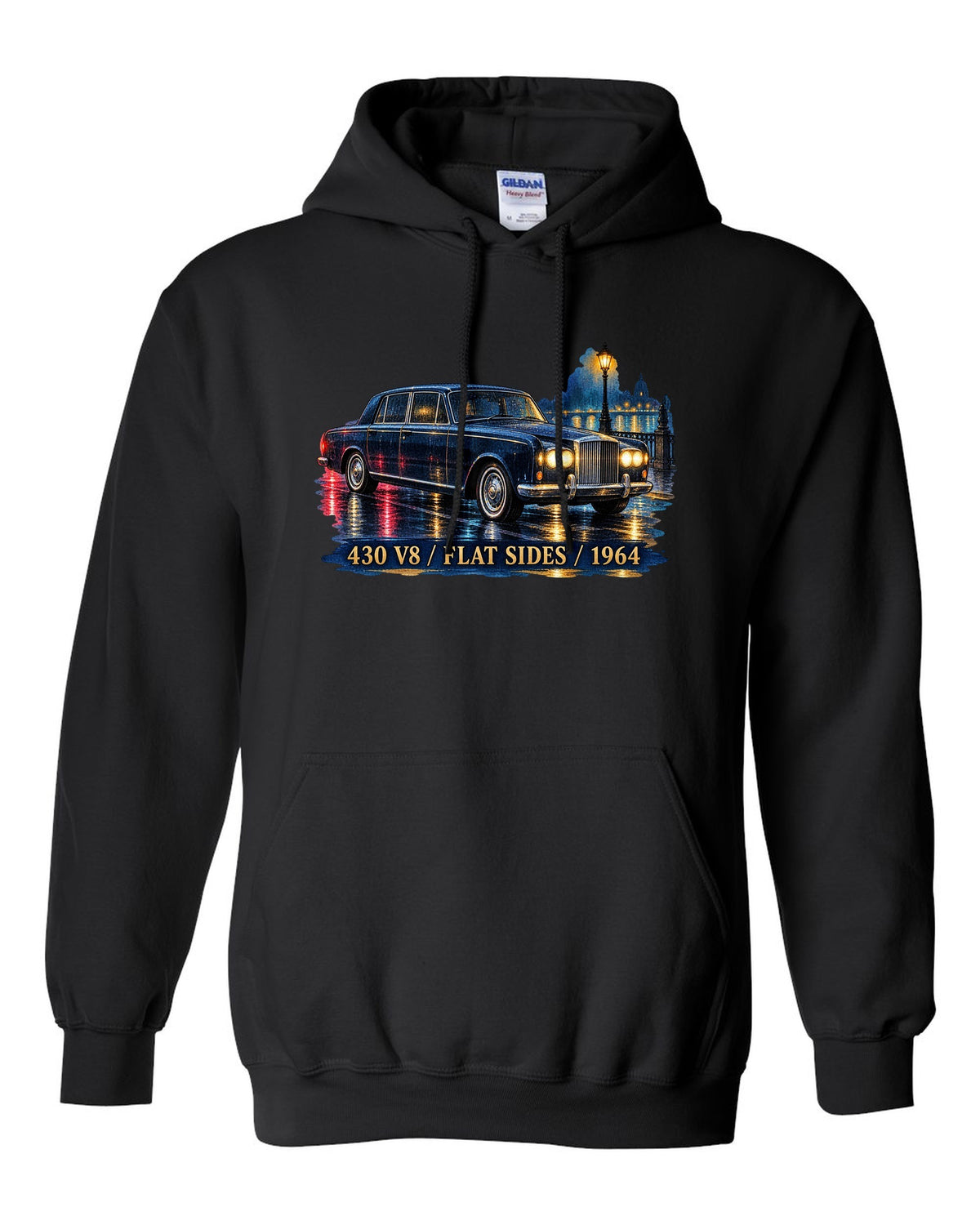1964 Lincoln Continental on a wet night road in watercolour style black pull over hoodie front view with the design