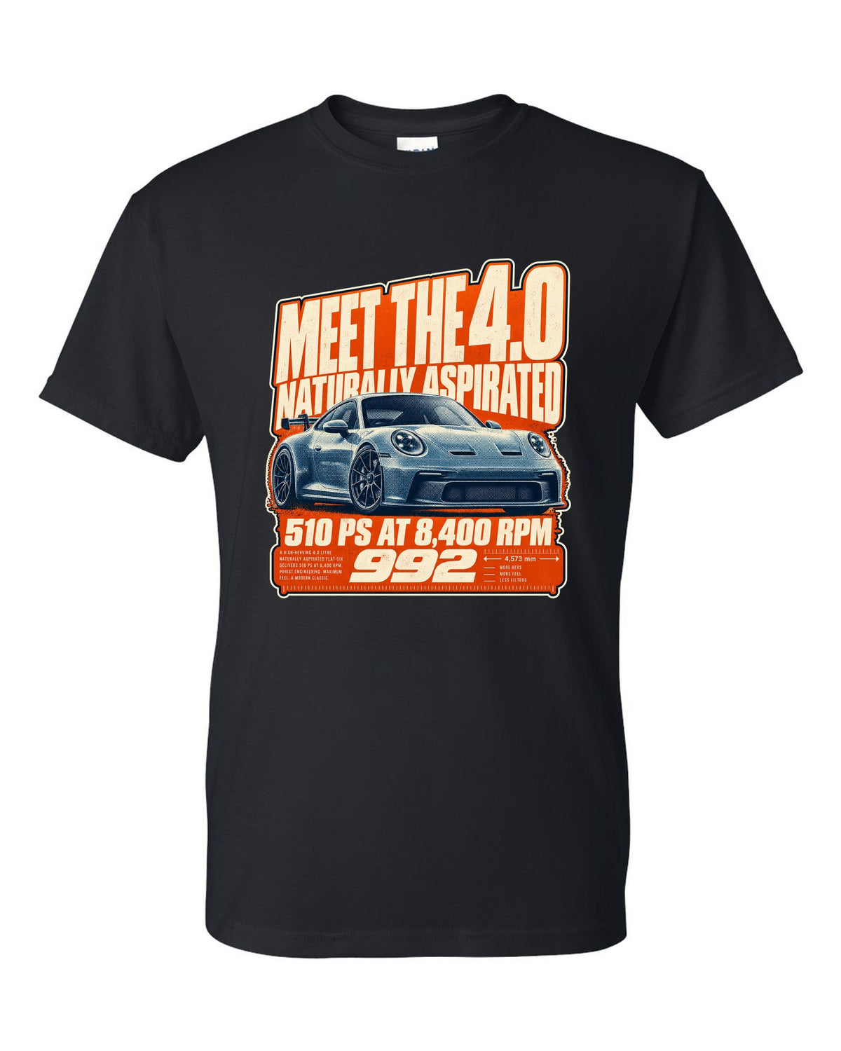 Porsche 992 GT3 halftone statement print design black t-shirt front view with the design