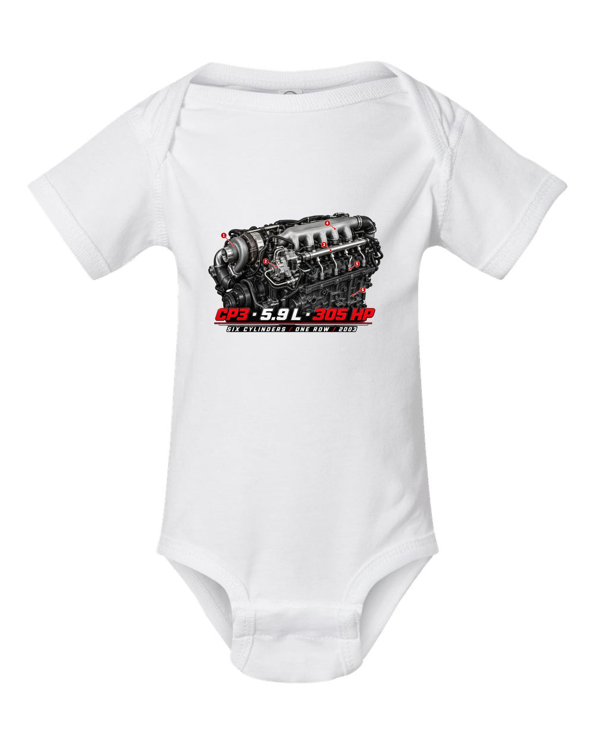 Engine hero print of a 5.9 L inline-six common rail turbo diesel with CP3, 5.9 L, 305 HP white baby onesie front view with the design