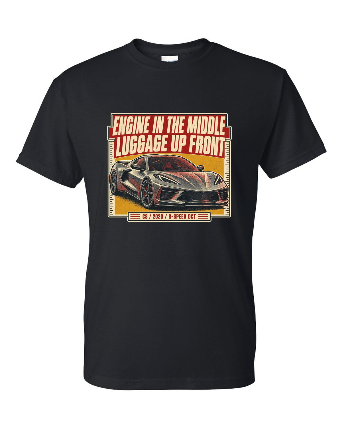 Halftone print of a Chevrolet Corvette C8 Stingray with engine in the middle text black t-shirt front view with the design