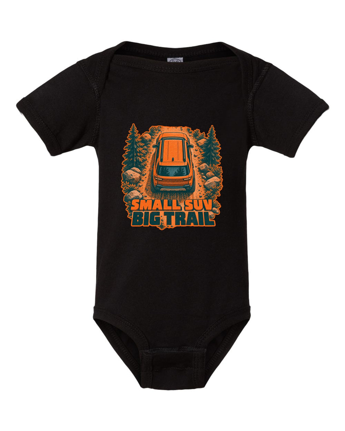 Rivian R2 overhead risograph duotone print with the text small SUV big trail black baby onesie front view with the design