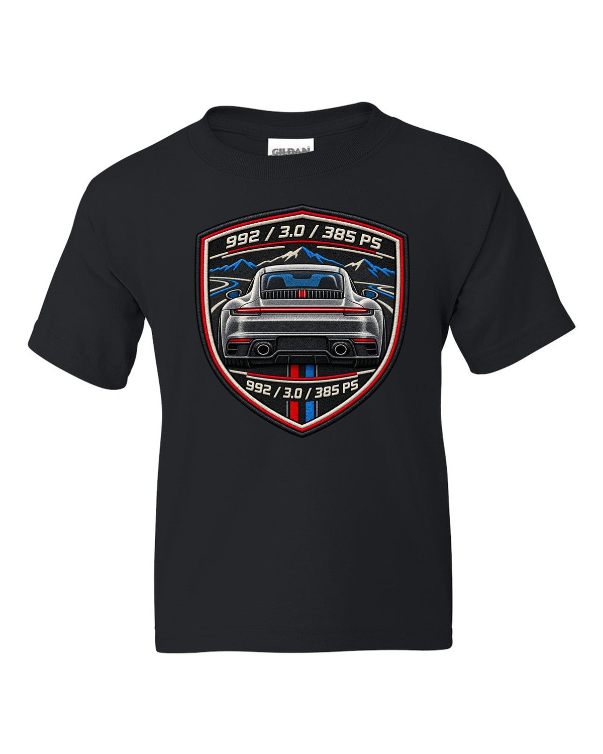 Round crest print of a Porsche 911 992 with the text 992, 3.0 and 385 PS black kids tee front view with the design