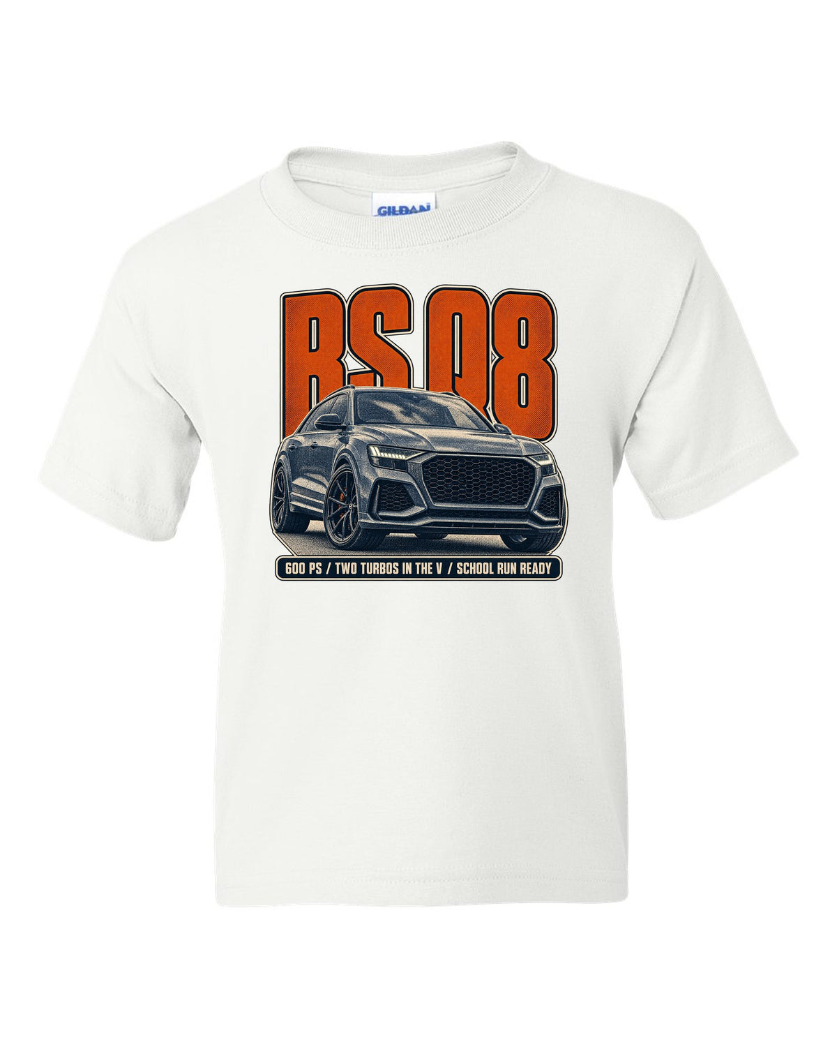 Audi RS Q8 halftone statement print with 600 PS text white kids tee front view with the design