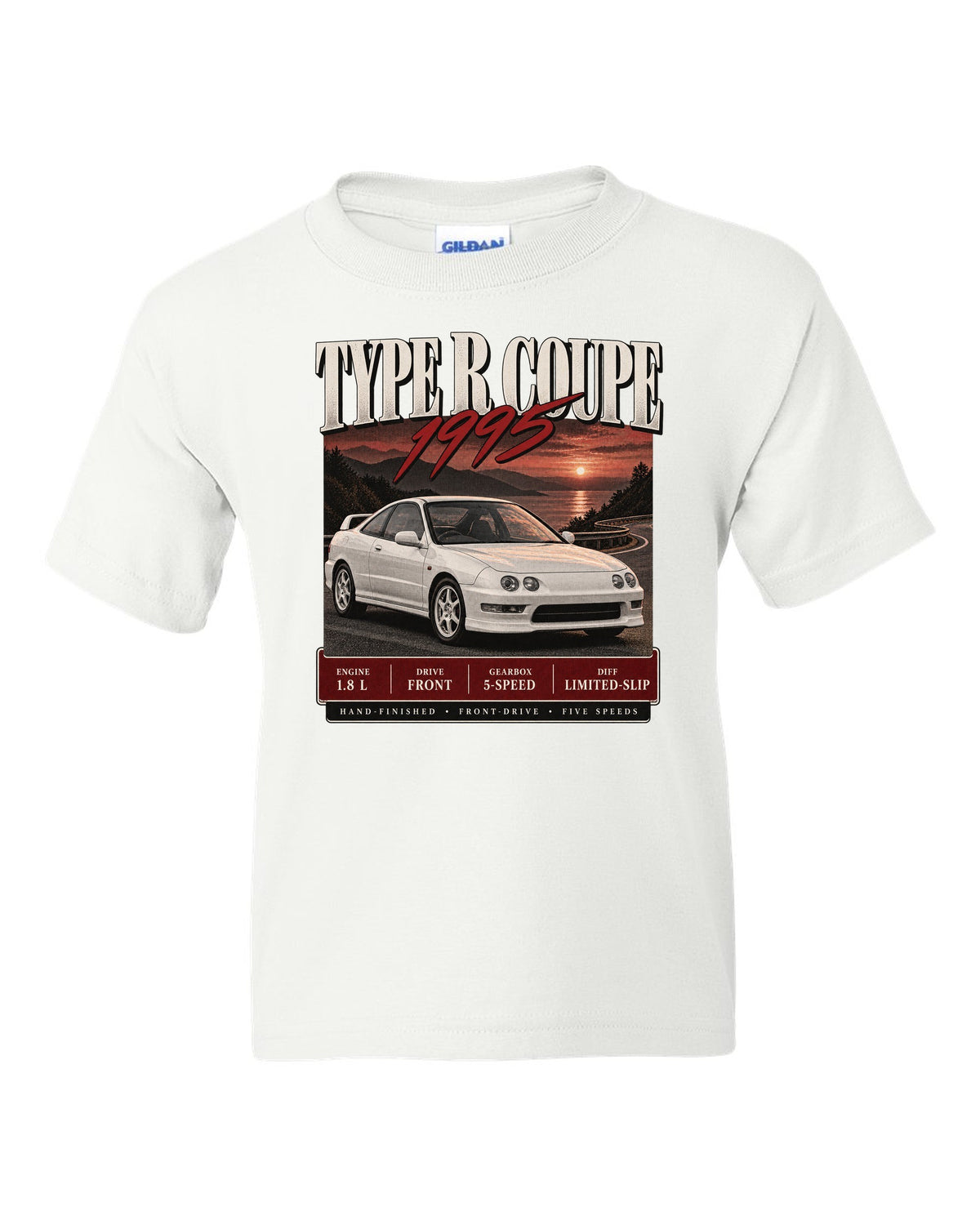 Honda Integra DC2 Type R coupe archive panel design labelled The Teg white kids tee front view with the design