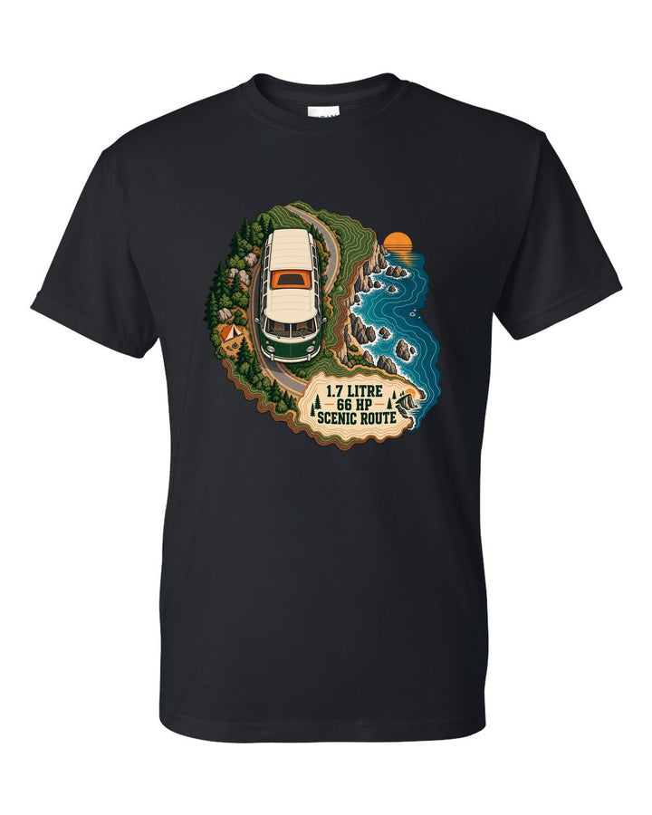 Topographic route map print of a 1972 VW Bus T2 bay window with scenic route lettering black t-shirt front view with the design