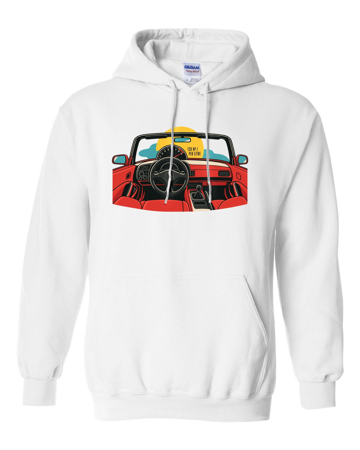 Minimal single-line contour art of a Honda S2000 AP1 with 120 HP per litre text white pull over hoodie front view with the design