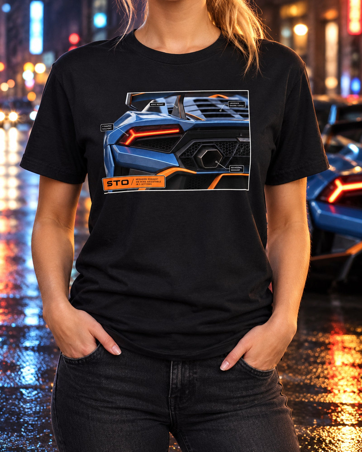 Lamborghini Huracan STO Taillight Macro Tee, Hex Exhaust T-Shirt Black worn hero