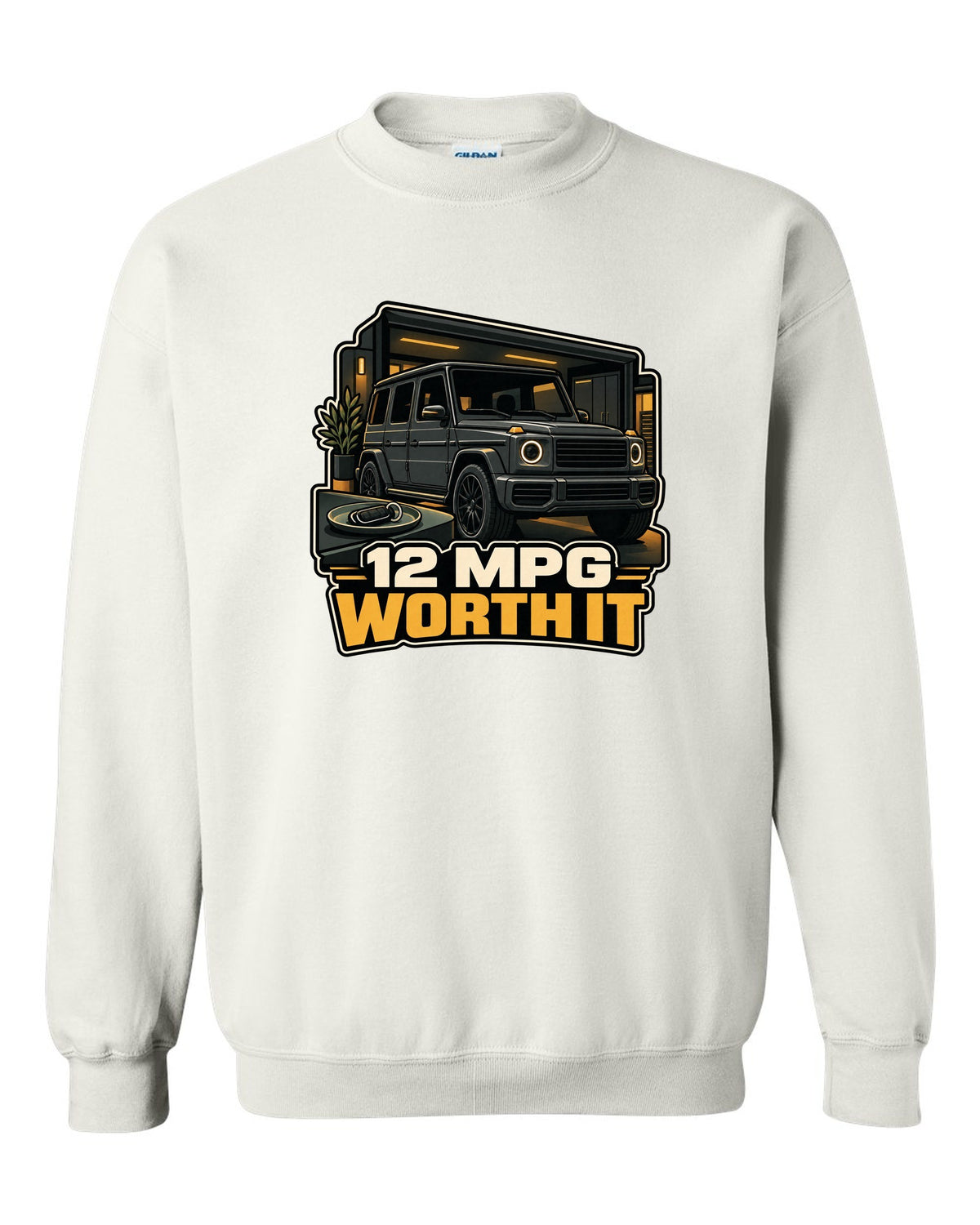 Army surplus stamp graphic reading Gelandewagen 1979 for the Mercedes G-Class W460, print white crewneck front view with the design