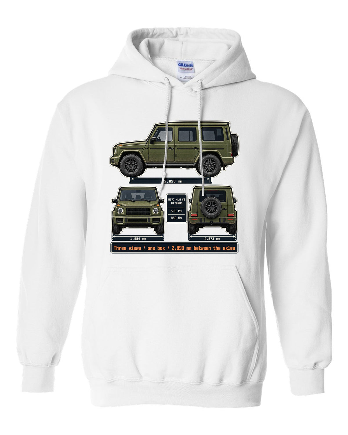 Three-view dossier print of a Mercedes-AMG G63 W463A white pull over hoodie front view with the design