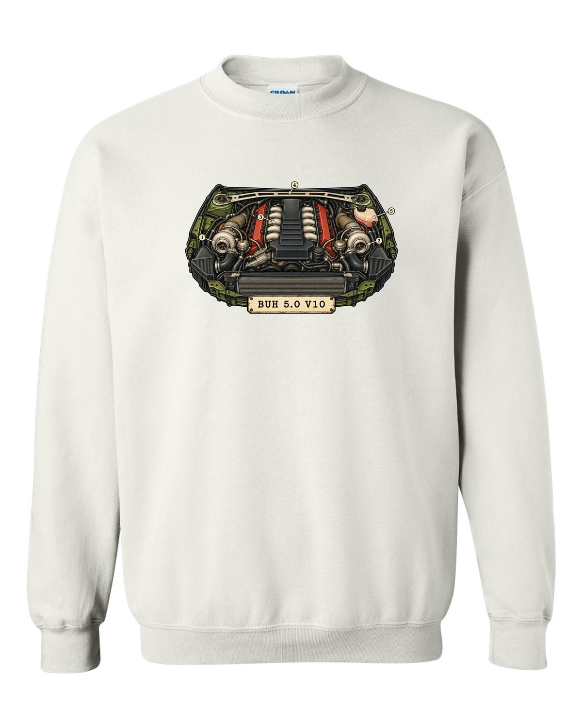Vintage patent drawing design of the Audi RS6 Avant C6 4F with 5.0 V10 lettering white crewneck front view with the design