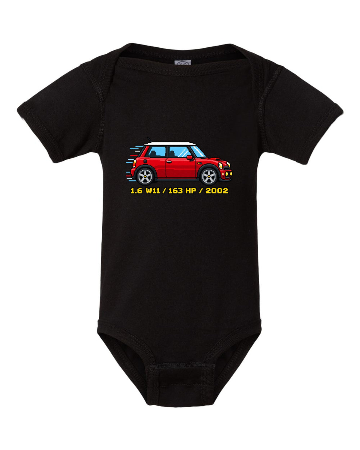 Sixteen-bit pixel art Mini Cooper S R53 with 1.6 W11, 163 HP, 2002 stats black baby onesie front view with the design