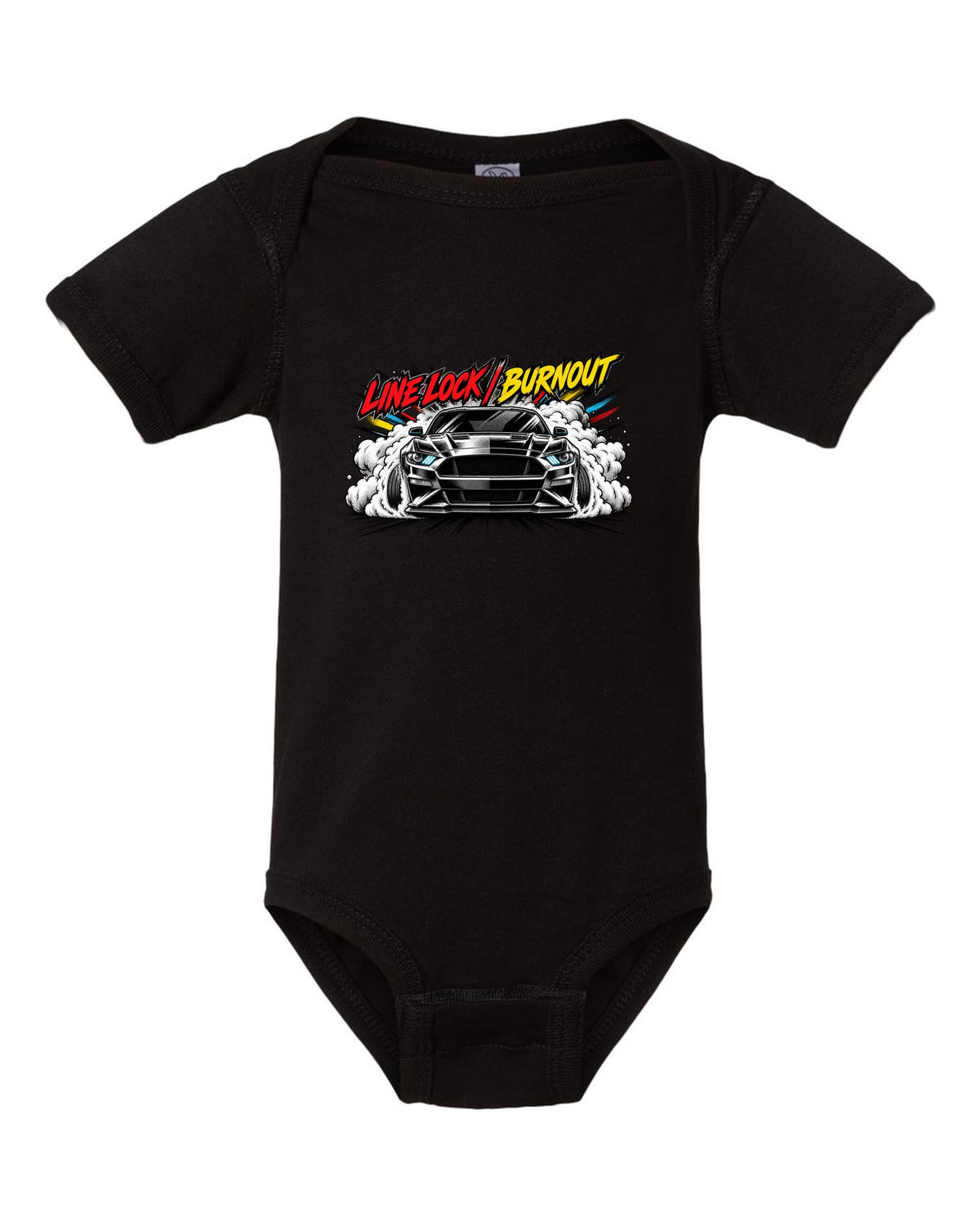 Varsity embroidery-style crest of an S550 Mustang fastback reading Yes, It's A Four black baby onesie front view with the design