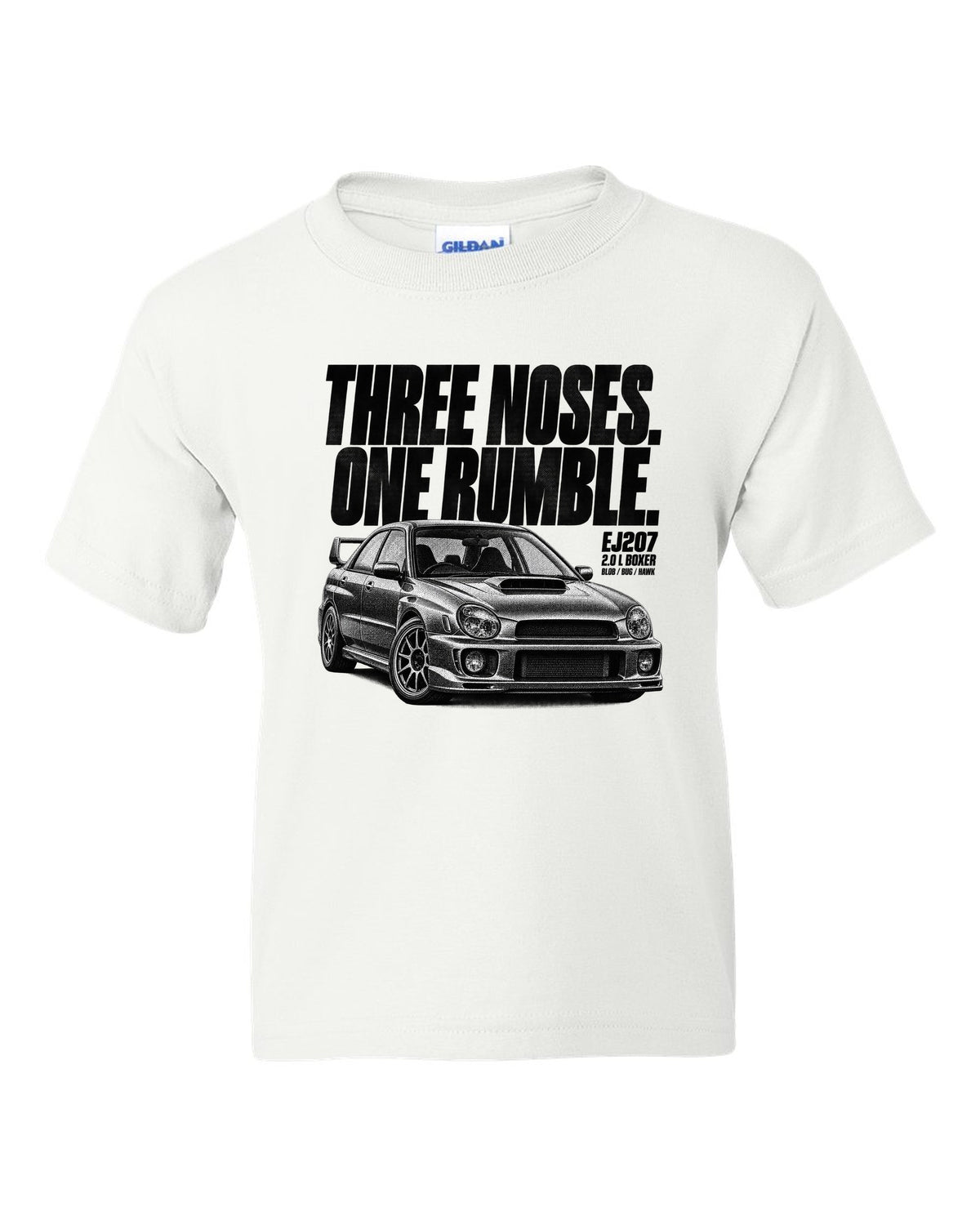 Halftone print of a Subaru Impreza WRX STi GDB with Blob Bug Hawk lettering white kids tee front view with the design
