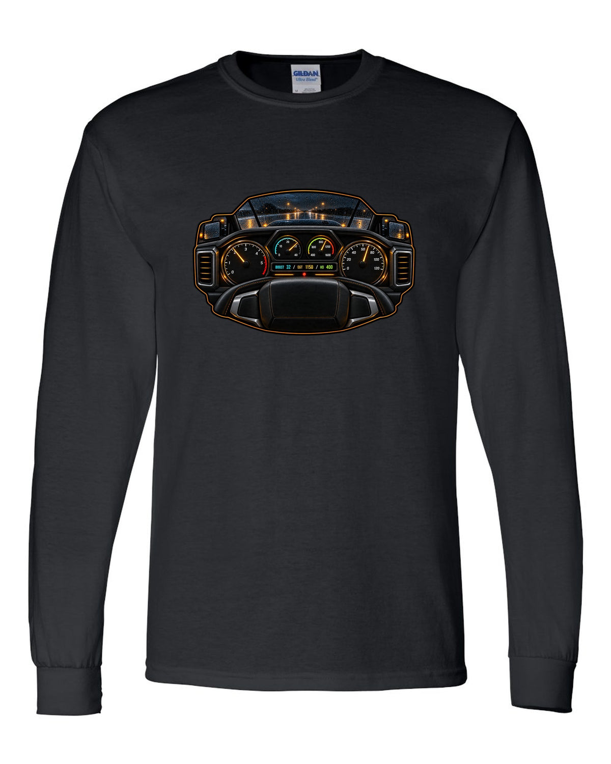 Night gauge-cluster HUD print of a 2019-2024 Ram HD 6.7 HO showing boost 32 EGT 1150 HO 400 black long sleeve front view with the design