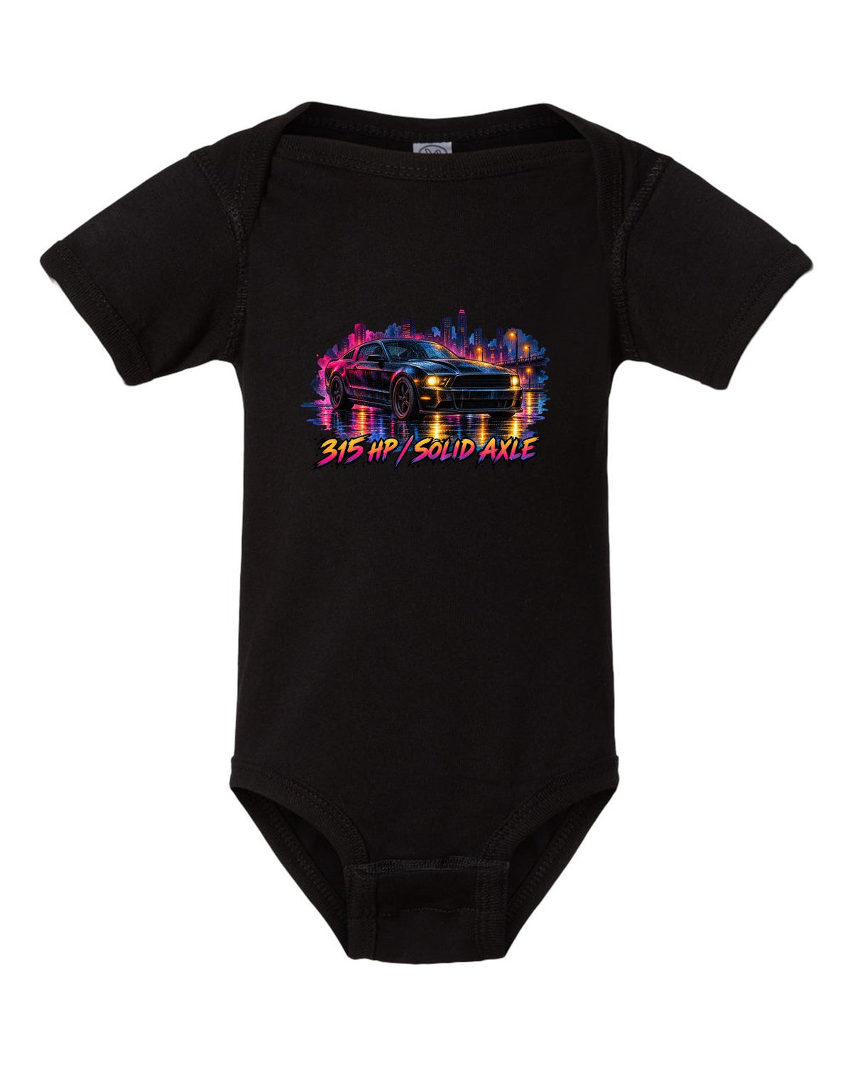 Watercolour wet road night scene with a 2005-2014 S197 Ford Mustang fastback black baby onesie front view with the design