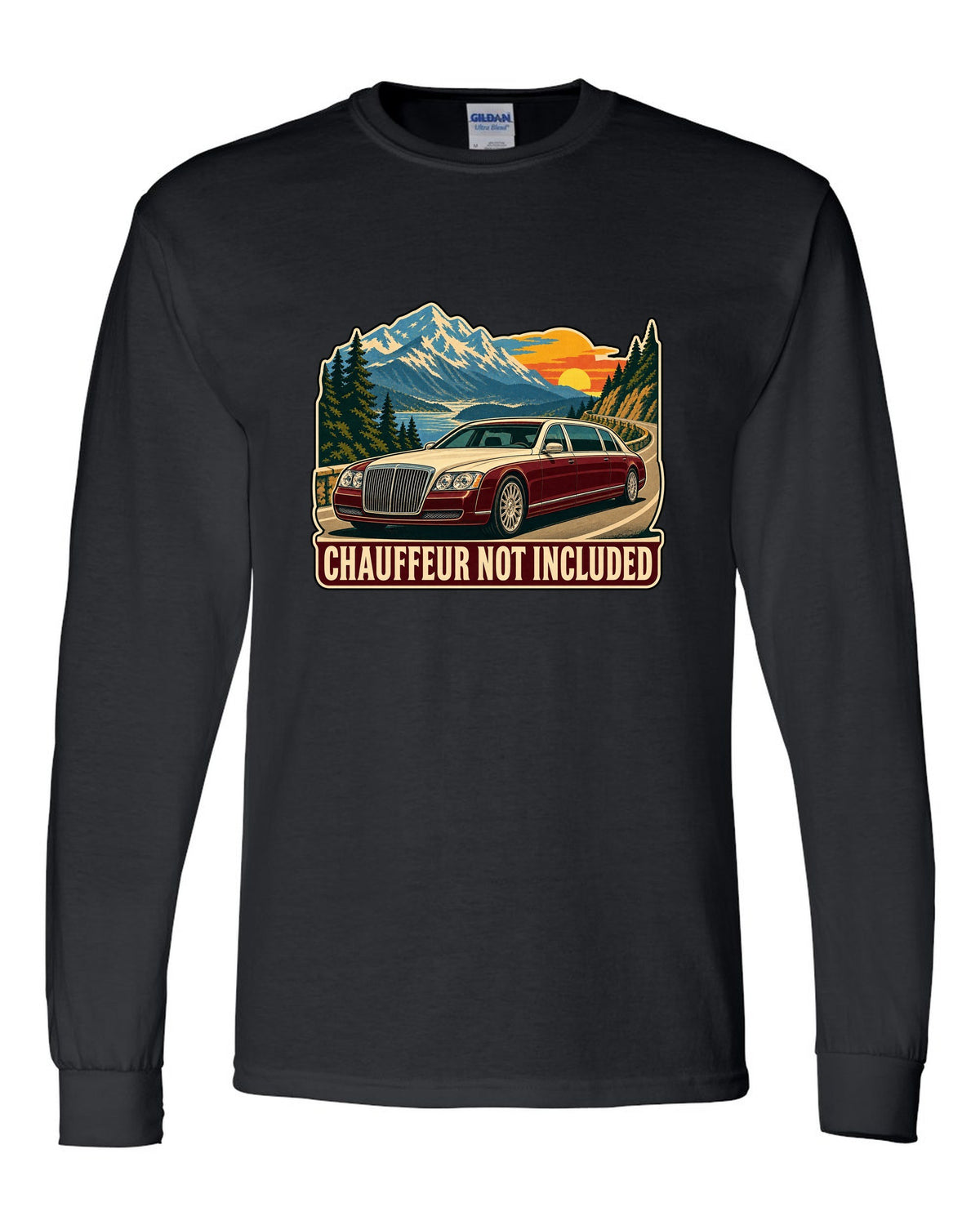 1960s litho travel poster of a Maybach 57 W240 with Chauffeur Not Included text black long sleeve front view with the design