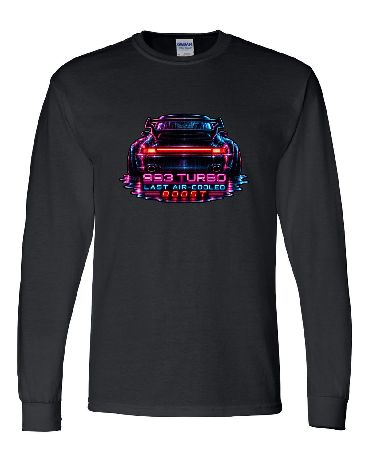 Porsche 993 Turbo neon noir design with glowing rear light bar black long sleeve front view with the design