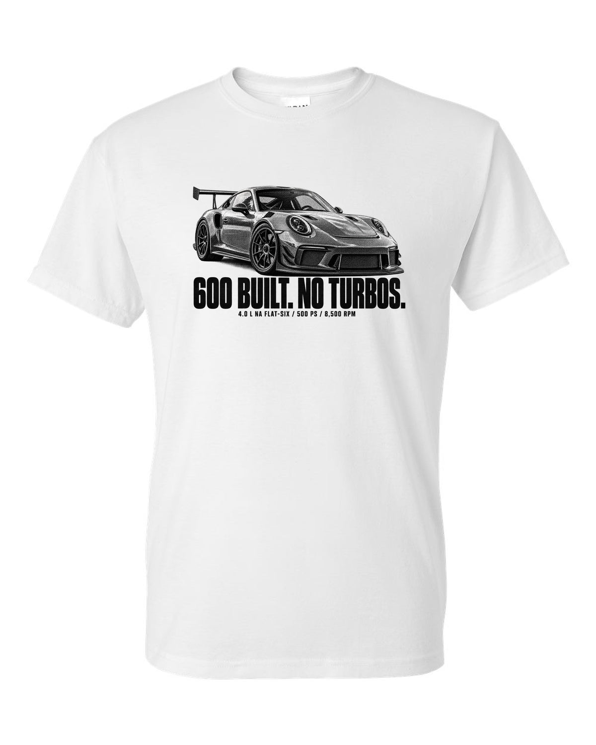 Halftone print of a Porsche 911 997 GT3 RS 4.0 with 600 built and 8,500 rpm lettering white t-shirt front view with the design