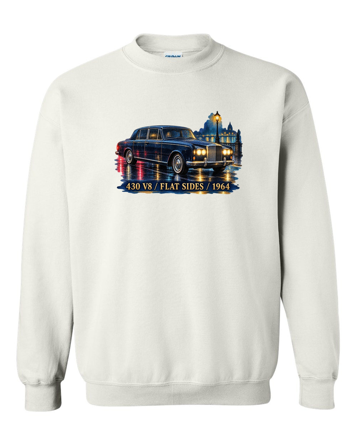 1964 Lincoln Continental on a wet night road in watercolour style white crewneck front view with the design