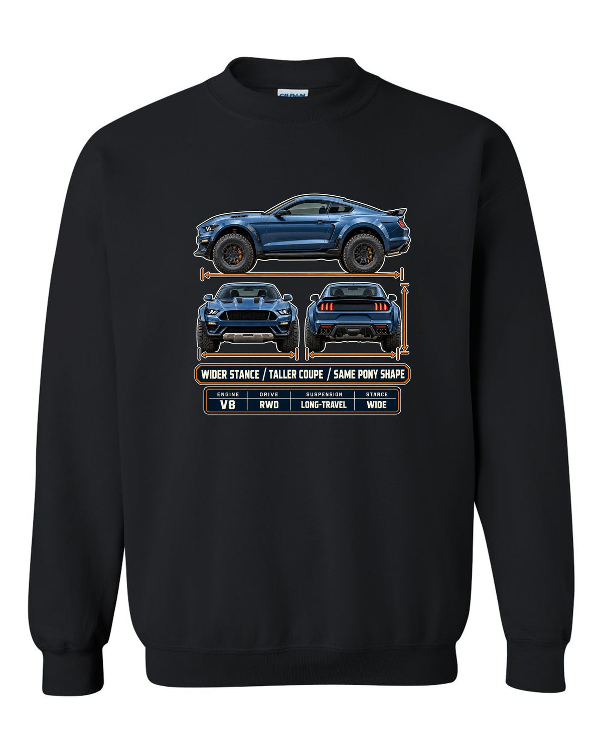 print of a Mustang Raptor concept three-view drawing with spec table and pony shape text black crewneck front view with the design