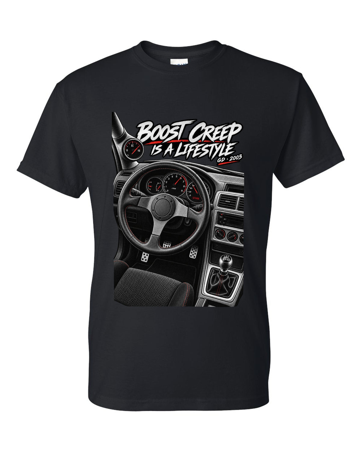 Boost gauge cockpit print for a Subaru Impreza WRX GD Blobeye with boost creep text black t-shirt front view with the design