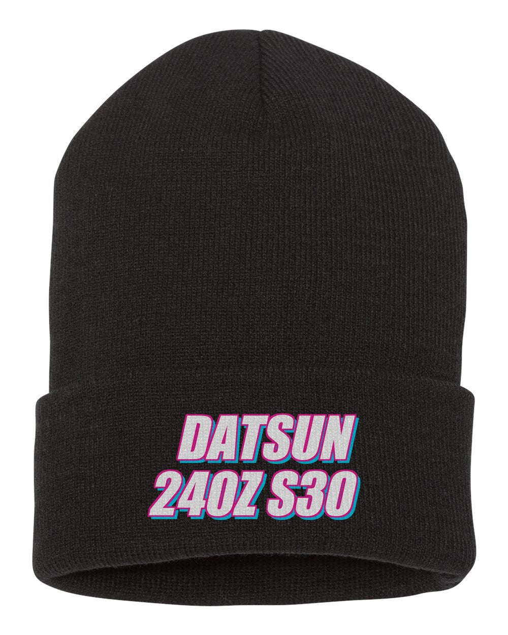 Datsun 240Z S30 black beanie front view with car name